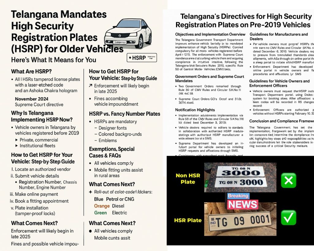 Comprehensive Guide to High Security Registration Plates (HSRP) Implementation in Telangana: Deadlines, Guidelines, and Compliance Introduction to High Security Registration Plates (HSRP) in Telangana The Government of Telangana has mandated the implementation of High Security Registration Plates (HSRP) for vehicles registered before April 1, 2019, aligning with Supreme Court directives and national road safety standards. This initiative aims to curb vehicle theft, ensure traceability, and enhance regulatory compliance. With a strict deadline of September 30, 2025, vehicle owners must act promptly to avoid penalties. This guide unpacks the HSRP guidelines, stakeholder responsibilities, and steps for seamless compliance. Supreme Court Directives and Government Orders Driving HSRP Implementation The push for HSRP in Telangana stems from the Hon’ble Supreme Court’s order (W.P.No.13029/1985) dated November 4, 2024, which mandates nationwide HSRP adoption. The Telangana Transport Department reinforced this through G.O.Ms.No.23 and 24 (2019) and subsequent amendments to the Telangana Motor Vehicles Rules, 1989. Key references include: G.S.R.No.1162(E) (2018) and S.O.6052(E) (2018): Central guidelines for HSRP specifications. S.O.1018(E) (2019): Standards for hologram-based stickers. These orders ensure uniformity in HSRP design, featuring laser-branded codes, non-removable snap locks, and India’s “IND” insignia. Guidelines for Vehicle Manufacturers and Dealers Original Equipment Manufacturers (OEMs) and authorized dealers play a pivotal role in HSRP implementation: Sourcing HSRPs: Dealers must procure plates only from OEM-authorized manufacturers. Customer Service: Prioritize HSRP installation without delays; address complaints within 3 working days. Transparency: Display HSRP pricing prominently in showrooms and on the SIAM portal. Mobile Services: Offer on-site HSRP fitting for owners, subject to additional charges. Legal Compliance: Unauthorized HSRP sales will face strict legal action. Dealers must also upload photographs of fitted HSRPs to the central portal and update laser codes to Transport Department databases. Responsibilities of Authorized HSRP Manufacturers Approved HSRP manufacturers must adhere to technical specifications and ensure robust digital infrastructure: Portal Features: Real-time SMS updates on order status, delivery, and installation. Grievance Redressal: Provide customer support numbers and online complaint resolution. Tracking: Enable vehicle owners to monitor HSRP fitment progress. Integration: Link laser code data with Transport Department software for real-time updates. Payment Flexibility: Collect fees securely via the SIAM portal or OEM-specific platforms. Step-by-Step Process for Vehicle Owners to Affix HSRP Owners of vehicles registered before April 1, 2019, must follow these steps: 1. Eligibility Check Ensure your vehicle isn’t under court restrictions, de-registered, or flagged by the Transport Department. 2. Online Booking via SIAM Portal Visit www.siam.in and click “Book HSRP”. Enter vehicle details (registration number, chassis number) for validation. 3. Payment and Confirmation Pay the prescribed fee (see Pricing Table below) and select a preferred dealer/location. 4. HSRP Installation Visit the chosen dealer for fitment. Post-installation, the dealer uploads the HSRP photo and laser code to the portal. 5. Compliance Deadline Complete installation by September 30, 2025, to avoid fines under the Motor Vehicles Act, 1988. HSRP Pricing Structure for Different Vehicle Classes