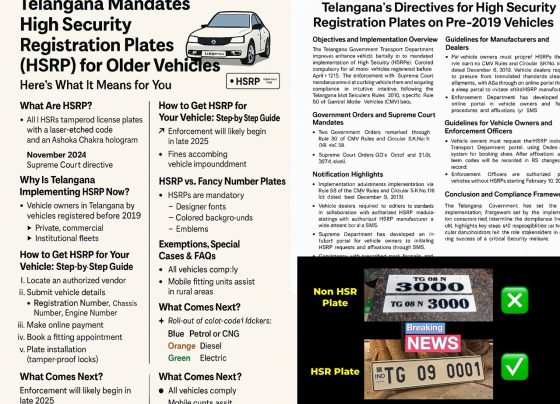 Comprehensive Guide to High Security Registration Plates (HSRP) Implementation in Telangana: Deadlines, Guidelines, and Compliance Introduction to High Security Registration Plates (HSRP) in Telangana The Government of Telangana has mandated the implementation of High Security Registration Plates (HSRP) for vehicles registered before April 1, 2019, aligning with Supreme Court directives and national road safety standards. This initiative aims to curb vehicle theft, ensure traceability, and enhance regulatory compliance. With a strict deadline of September 30, 2025, vehicle owners must act promptly to avoid penalties. This guide unpacks the HSRP guidelines, stakeholder responsibilities, and steps for seamless compliance. Supreme Court Directives and Government Orders Driving HSRP Implementation The push for HSRP in Telangana stems from the Hon’ble Supreme Court’s order (W.P.No.13029/1985) dated November 4, 2024, which mandates nationwide HSRP adoption. The Telangana Transport Department reinforced this through G.O.Ms.No.23 and 24 (2019) and subsequent amendments to the Telangana Motor Vehicles Rules, 1989. Key references include: G.S.R.No.1162(E) (2018) and S.O.6052(E) (2018): Central guidelines for HSRP specifications. S.O.1018(E) (2019): Standards for hologram-based stickers. These orders ensure uniformity in HSRP design, featuring laser-branded codes, non-removable snap locks, and India’s “IND” insignia. Guidelines for Vehicle Manufacturers and Dealers Original Equipment Manufacturers (OEMs) and authorized dealers play a pivotal role in HSRP implementation: Sourcing HSRPs: Dealers must procure plates only from OEM-authorized manufacturers. Customer Service: Prioritize HSRP installation without delays; address complaints within 3 working days. Transparency: Display HSRP pricing prominently in showrooms and on the SIAM portal. Mobile Services: Offer on-site HSRP fitting for owners, subject to additional charges. Legal Compliance: Unauthorized HSRP sales will face strict legal action. Dealers must also upload photographs of fitted HSRPs to the central portal and update laser codes to Transport Department databases. Responsibilities of Authorized HSRP Manufacturers Approved HSRP manufacturers must adhere to technical specifications and ensure robust digital infrastructure: Portal Features: Real-time SMS updates on order status, delivery, and installation. Grievance Redressal: Provide customer support numbers and online complaint resolution. Tracking: Enable vehicle owners to monitor HSRP fitment progress. Integration: Link laser code data with Transport Department software for real-time updates. Payment Flexibility: Collect fees securely via the SIAM portal or OEM-specific platforms. Step-by-Step Process for Vehicle Owners to Affix HSRP Owners of vehicles registered before April 1, 2019, must follow these steps: 1. Eligibility Check Ensure your vehicle isn’t under court restrictions, de-registered, or flagged by the Transport Department. 2. Online Booking via SIAM Portal Visit www.siam.in and click “Book HSRP”. Enter vehicle details (registration number, chassis number) for validation. 3. Payment and Confirmation Pay the prescribed fee (see Pricing Table below) and select a preferred dealer/location. 4. HSRP Installation Visit the chosen dealer for fitment. Post-installation, the dealer uploads the HSRP photo and laser code to the portal. 5. Compliance Deadline Complete installation by September 30, 2025, to avoid fines under the Motor Vehicles Act, 1988. HSRP Pricing Structure for Different Vehicle Classes