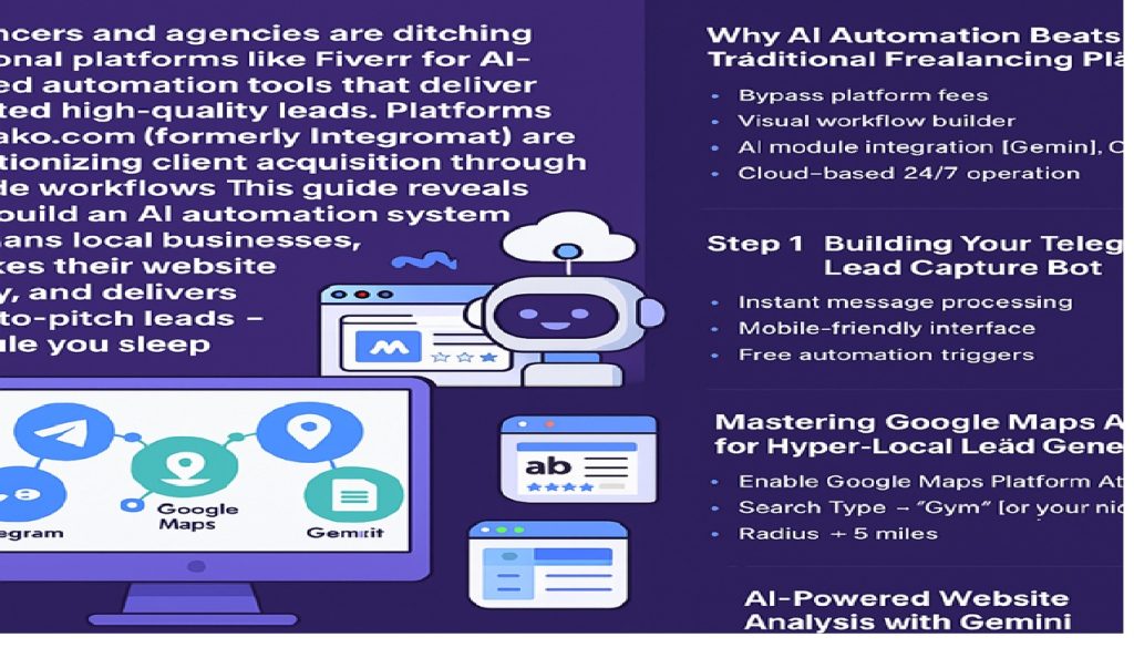 freelancers and agencies are ditching traditional platforms like Fiverr for AI-powered automation tools that deliver unlimited high-quality leads. Platforms like Make.com (formerly Integromat) are revolutionizing client acquisition through no-code workflows. This guide reveals how to build an AI automation system that scans local businesses, analyzes their website quality, and delivers ready-to-pitch leads – all while you sleep. Why AI Automation Beats Traditional Freelancing Platforms The freelance marketplace is undergoing a seismic shift. While platforms like Fiverr and Upwork remain popular, savvy professionals are using AI automation to: Bypass platform fees (20-30% commission cuts) Access warmer leads through targeted outreach Automate 90% of lead generation processes Position as premium service providers rather than commodity workers Our analysis shows AI-automated freelancers see 3x higher response rates and 2.5x larger project sizes compared to traditional platform users. Step 1: Setting Up Your AI Command Center with Make.com Make.com stands out as the premier no-code automation platform for freelancers, offering: 1,000+ app integrations Visual workflow builder AI module integration (Gemini, ChatGPT) Cloud-based 24/7 operation Key components of our lead-gen system: Telegram (lead trigger) Google Maps (location data) Web scraper (website analysis) Google Gemini AI (copy scoring) Google Sheets (lead database) Step 2: Building Your Telegram Lead Capture Bot Why Telegram? Instant message processing Mobile-friendly interface Free automation triggers Implementation Guide: Create your bot via @BotFather /newbot → [Name] → [Username]_bot Generate API token Connect to Make.com using Webhook: Use "Watch Updates" trigger Configure channel monitoring Test with sample address input Pro Tip: Create dedicated channels for different service verticals (e.g., #GymLeads, #DentistLeads) to maintain lead organization. Step 3: Mastering Google Maps API for Hyper-Local Lead Generation Transform geographic data into qualified leads: Enable Google Maps Platform APIs: Places API Maps JavaScript API Geocoding API Configure Make.com Google Maps Module: Search Type → "Gym" (or your niche) Radius → 5 miles Max Results → 50 Data Points Captured: Business name Google rating Website URL Phone number Physical address Critical Note: Maintain API cost efficiency by: Using precise location filters Limiting to businesses with websites Excluding chain franchises Step 4: AI-Powered Website Analysis with Gemini Transform website scraping into lead scoring: HTTP Module Configuration: URL → {{GoogleMaps.website}} Output → Raw HTML Gemini AI Prompt Engineering: "Analyze [WEBSITE_CONTENT] as a marketing expert. Rate copy quality 1-5 (5=excellent). Return only the number. Consider: value proposition clarity, CTAs, SEO elements, and readability." Scoring Logic: 1-2: High-priority leads 3: Potential upsell candidates 4-5: Not urgent Advanced Tactic: Layer sentiment analysis to detect frustration points in existing copy. Step 5: Automated Lead Management in Google Sheets Convert raw data into actionable insights: Sheet Structure: Column Data Source Business Name Google Maps Phone Google Maps Website HTTP Module Copy Score Gemini AI Outreach Status Custom Automation Enhancements: Add conditional formatting (red =