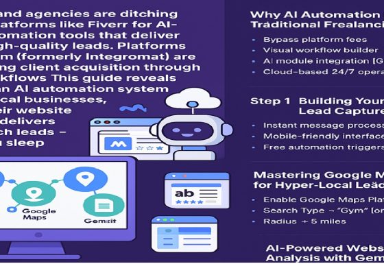freelancers and agencies are ditching traditional platforms like Fiverr for AI-powered automation tools that deliver unlimited high-quality leads. Platforms like Make.com (formerly Integromat) are revolutionizing client acquisition through no-code workflows. This guide reveals how to build an AI automation system that scans local businesses, analyzes their website quality, and delivers ready-to-pitch leads – all while you sleep. Why AI Automation Beats Traditional Freelancing Platforms The freelance marketplace is undergoing a seismic shift. While platforms like Fiverr and Upwork remain popular, savvy professionals are using AI automation to: Bypass platform fees (20-30% commission cuts) Access warmer leads through targeted outreach Automate 90% of lead generation processes Position as premium service providers rather than commodity workers Our analysis shows AI-automated freelancers see 3x higher response rates and 2.5x larger project sizes compared to traditional platform users. Step 1: Setting Up Your AI Command Center with Make.com Make.com stands out as the premier no-code automation platform for freelancers, offering: 1,000+ app integrations Visual workflow builder AI module integration (Gemini, ChatGPT) Cloud-based 24/7 operation Key components of our lead-gen system: Telegram (lead trigger) Google Maps (location data) Web scraper (website analysis) Google Gemini AI (copy scoring) Google Sheets (lead database) Step 2: Building Your Telegram Lead Capture Bot Why Telegram? Instant message processing Mobile-friendly interface Free automation triggers Implementation Guide: Create your bot via @BotFather /newbot → [Name] → [Username]_bot Generate API token Connect to Make.com using Webhook: Use "Watch Updates" trigger Configure channel monitoring Test with sample address input Pro Tip: Create dedicated channels for different service verticals (e.g., #GymLeads, #DentistLeads) to maintain lead organization. Step 3: Mastering Google Maps API for Hyper-Local Lead Generation Transform geographic data into qualified leads: Enable Google Maps Platform APIs: Places API Maps JavaScript API Geocoding API Configure Make.com Google Maps Module: Search Type → "Gym" (or your niche) Radius → 5 miles Max Results → 50 Data Points Captured: Business name Google rating Website URL Phone number Physical address Critical Note: Maintain API cost efficiency by: Using precise location filters Limiting to businesses with websites Excluding chain franchises Step 4: AI-Powered Website Analysis with Gemini Transform website scraping into lead scoring: HTTP Module Configuration: URL → {{GoogleMaps.website}} Output → Raw HTML Gemini AI Prompt Engineering: "Analyze [WEBSITE_CONTENT] as a marketing expert. Rate copy quality 1-5 (5=excellent). Return only the number. Consider: value proposition clarity, CTAs, SEO elements, and readability." Scoring Logic: 1-2: High-priority leads 3: Potential upsell candidates 4-5: Not urgent Advanced Tactic: Layer sentiment analysis to detect frustration points in existing copy. Step 5: Automated Lead Management in Google Sheets Convert raw data into actionable insights: Sheet Structure: Column Data Source Business Name Google Maps Phone Google Maps Website HTTP Module Copy Score Gemini AI Outreach Status Custom Automation Enhancements: Add conditional formatting (red =