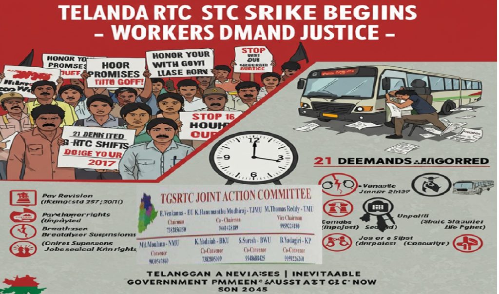 Telangana RTC Workers to Launch Statewide Strike from May 7: Key Issues and Demands Explained Growing Discontent Among Telangana RTC Workers Sparks Massive Protest Telangana’s Road Transport Corporation (RTC) is on the brink of a major upheaval as thousands of its workers prepare for a statewide strike starting May 7, 2025. This decision follows months of government inaction and unmet promises, despite a formal strike notice submitted on January 27, 2025. The RTC Joint Action Committee (JAC), led by Chairman Eduru Venkanna, Co-Chairman K. Hanmanth Mudiraj, Vice Chairman M. Thomas Reddy, and Convenor M.D. Maulana, has confirmed that the protest will commence with a powerful demonstration at the Labour Commissioner’s Office on April 7, 2025, under the banner of "Chalo Labour Commissioner Office." 21 Demands Ignored: Strike Now Inevitable The JAC emphasized that their strike notice included 21 key demands, but neither the RTC management, state government, nor the Labour Commissioner have responded. This silence has left workers with no choice but to escalate their agitation. Among the most pressing issues is the unfulfilled promise by the Congress government to merge RTC workers into government service—a commitment that remains unresolved months into its tenure. Trade Union Rights Still Denied The JAC expressed frustration over the lack of progress on reviving trade unions, a pledge made during the election campaign. They criticized the authorities for deliberately delaying union recognition, despite there being no financial burden on the government or RTC management to restore them. The absence of formal union representation has made workers vulnerable to harassment and pressure from management, according to the JAC leaders. 2017 Pay Revision Still Pending Another long-standing grievance is the non-payment of arrears from the 2017 pay revision. Despite the revision being implemented, workers—especially retirees—have not received their due salary adjustments or arrears, a situation described by the JAC as "deeply unjust." The JAC further accused management of continuing outdated allowance systems while ignoring the implementation of revised 2017 allowances, effectively exploiting workers' labor without fair compensation. 2021 Wage Revision Overdue Adding to the discontent is the expiration of the 2021 wage revision timeline, with no steps taken to revise salaries. The JAC is urging the government to immediately address wage disparities and bring financial relief to overburdened employees. 'Breadwinner Scheme' Jobs Must Be Regularized Under the 'Breadwinner Scheme', jobs are being offered on a consolidated pay basis. The JAC insists that these roles must be made permanent and regularized, arguing that temporary employment models lack security and dignity. Exploitation of Labor: 12–16 Hour Shifts Under Fire One of the most serious allegations is the violation of the Minimum Wages Act (MWA). Management is reportedly forcing workers—especially drivers and conductors—to work 12 to 16-hour shifts, a clear breach of labor laws which cap work hours at 8 per day. Overburdened drivers are said to be dying prematurely behind the wheel, while conductors are reportedly developing chronic health issues due to relentless schedules. Legal Limits Needed for Single-Crew Driving The JAC demanded that single-crew duty mileage—sometimes reaching 500 to 600 kilometers per driver—must be regulated as per legal standards, calling it inhuman and dangerous. Breathalyzer Abuse: Suspensions Without Cause Drivers are being subjected to suspensions and removals based on breathalyzer tests, despite concerns over the technical faults in the machines. The JAC called these actions "unfair character assassinations" of workers, labeling drivers as alcoholics without verified proof. Suspensions for Minor Errors Suspending drivers and conductors for minor or unverified complaints is an ongoing issue. The Mahalakshmi Scheme has reportedly triggered numerous unwarranted suspensions, often based solely on passenger complaints without evidence. This climate of fear, combined with violent incidents against staff onboard buses, is leaving many workers feeling unsafe and unprotected in their daily duties. Demand for Government-Supplied Electric Buses The JAC is urging both the central and state governments to supply electric buses directly to RTC. They warned against the current model of leasing electric buses from private manufacturers, stating it is putting the financial stability of RTC at risk. Recruitment Freeze Causing Staff Shortage Years of recruitment inaction have created a serious manpower crisis. Existing employees are being forced to shoulder workloads of retired staff, leading to burnout and increased operational inefficiencies.