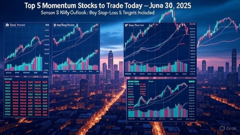 Top 5 Momentum Stocks to Trade in Today’s Share Market: Sensex & Nifty Outlook for June 30, 2025 The Indian stock market is a dynamic arena where opportunities arise daily for savvy investors and traders. On June 30, 2025, the Sensex and Nifty indices present intriguing prospects for intraday and short-term trading. This comprehensive guide dives into the market outlook, highlighting key support and resistance levels for Nifty and Bank Nifty, and recommends five momentum stocks poised for action. Whether you’re a beginner or a seasoned trader, this article equips you with actionable insights to navigate today’s market with confidence. Why Momentum Trading Matters in Today’s Market Momentum trading capitalizes on stocks exhibiting strong price movements, allowing traders to ride the wave of market trends. By identifying stocks with high volume, bullish patterns, or breakout potential, traders can optimize their returns in a short timeframe. The Indian stock market, driven by indices like Sensex and Nifty, offers a fertile ground for momentum strategies, especially when supported by technical analysis and market insights. In this article, we explore five carefully selected momentum stocks for June 30, 2025, along with precise buying prices, stop-loss levels, and target prices. Additionally, we analyze the intraday levels for Nifty and Bank Nifty to help you craft informed trading strategies. Understanding Nifty and Bank Nifty Intraday Levels Before diving into stock picks, let’s examine the critical support and resistance levels for Nifty and Bank Nifty. These levels serve as pivotal markers for intraday traders, guiding entry and exit points. Nifty Intraday Levels The Nifty 50 index is a bellwether for the Indian stock market, reflecting the performance of top companies across sectors. For June 30, 2025, the key levels are: First Support: 25,359 Second Support: 25,187 First Resistance: 25,917 Second Resistance: 26,089 These levels indicate where the Nifty may find buying interest (support) or face selling pressure (resistance). Traders can use these thresholds to plan intraday trades, setting stop-losses below support levels for long positions or above resistance for short positions. Bank Nifty Intraday Levels Bank Nifty, representing the banking sector’s performance, is equally critical for traders. The levels for June 30, 2025, are: First Support: 56,895 Second Support: 56,655 First Resistance: 57,993 Second Resistance: 58,332 These levels help traders gauge potential price movements in banking stocks, which often drive broader market trends. Monitoring these zones can enhance your intraday trading precision. Top 5 Momentum Stocks for June 30, 2025 Here are five momentum stocks handpicked for their potential to deliver strong returns over a holding period of 7 to 10 days. Each stock includes a recommended buying price, stop-loss, and target levels to guide your trading decisions. 1. Bajaj Finance (BFL): Riding the Volume Surge Bajaj Finance, a leading non-banking financial company (NBFC), is showing a significant volume spurt, signaling strong investor interest. This stock is ideal for traders seeking momentum in the financial sector. Buying Price: ₹1,960 Stop-Loss: ₹1,910 First Target: ₹2,010 Second Target: ₹2,040 Why Bajaj Finance? The stock’s recent volume increase suggests robust buying activity, potentially driven by positive market sentiment or company-specific developments. Traders can capitalize on this momentum by entering at the recommended price and setting a tight stop-loss to manage risk. 2. IDBI Bank: Bullish Momentum in Banking IDBI Bank, a prominent player in the banking sector, exhibits bullish momentum, making it a compelling pick for short-term traders. Buying Price: ₹102 Stop-Loss: ₹98 First Target: ₹106 Second Target: ₹109 Why IDBI Bank? The stock’s bullish chart patterns and consistent price action indicate a potential upward move. With banking stocks often leading market rallies, IDBI Bank offers a low-risk, high-reward opportunity for momentum traders. 3. Indraprastha Gas Limited (IGL): Breakout Potential Indraprastha Gas Limited, a key player in the city gas distribution sector, is on the verge of a breakout, making it a stock to watch closely. Buying Price: ₹214 Stop-Loss: ₹206 First Target: ₹223 Second Target: ₹227 Why IGL? The stock’s chart shows signs of a breakout, supported by increasing volumes and positive technical indicators. Traders can position themselves for a quick gain by entering at the breakout level and using a stop-loss to protect against false breakouts. 4. Apollo Hospitals: Rising Volumes in Healthcare Apollo Hospitals, a leader in the healthcare sector, is witnessing a rise in trading volumes, indicating strong market interest. Buying Price: ₹7,308 Stop-Loss: ₹7,088 First Target: ₹7,530 Second Target: ₹7,650 Why Apollo Hospitals? The healthcare sector remains resilient, and Apollo Hospitals’ volume surge suggests institutional buying or positive news flow. This stock offers a solid opportunity for traders looking to capitalize on sector-specific momentum. 5. Navin Fluorine: Positive Crossover Signals Navin Fluorine, a specialty chemicals company, is showing a positive crossover in its technical indicators, pointing to potential upside. Buying Price: ₹4,827 Stop-Loss: ₹4,707 First Target: ₹4,950 Second Target: ₹5,030 Why Navin Fluorine? The positive crossover, combined with strong fundamentals in the chemical sector, makes Navin Fluorine a promising pick. Traders can leverage this technical signal for a 7- to 10-day holding period. How to Trade These Momentum Stocks Effectively To maximize returns from these momentum stocks, follow these actionable tips: Set Clear Entry and Exit Points: Use the provided buying prices, stop-losses, and targets to structure your trades. Discipline is key to avoiding emotional decisions. Monitor Volume Trends: High trading volumes often confirm momentum. Keep an eye on volume spikes to validate your entry points. Use Technical Indicators: Combine moving averages, RSI, or MACD with the recommended levels to confirm trade signals. Manage Risk: Never risk more than 1-2% of your capital on a single trade. Use stop-losses to limit potential losses. Stay Updated: Market conditions can change rapidly. Follow real-time news and technical updates to adjust your strategy as needed. Why Start Your Investment Journey Now? The Indian stock market offers unparalleled opportunities for wealth creation, but timing is critical. Platforms like 5paisa provide tools to kickstart your journey with zero brokerage for 30 days, including stock SIPs and ETF SIPs. This limited-time offer is perfect for new and existing investors looking to trade smartly without incurring high costs. Benefits of Zero Brokerage Trading Cost Savings: Eliminate brokerage fees for the first 30 days, maximizing your returns. Flexible Investing: Use stock and ETF SIPs to build a diversified portfolio gradually. User-Friendly Platform: Access real-time market data, charts, and trading tools to make informed decisions. By opening a free demat account, you gain access to these benefits, empowering you to trade momentum stocks like those listed above with confidence. Crafting a Winning Intraday Trading Strategy Intraday trading requires precision, speed, and a clear strategy. Here’s how to leverage the Nifty and Bank Nifty levels and momentum stocks for intraday success: Step 1: Analyze Support and Resistance Use the support and resistance levels for Nifty and Bank Nifty to identify potential entry and exit points. For example, if Nifty approaches its first support at 25,359, consider buying with a stop-loss below 25,187. Conversely, if it nears the resistance at 25,917, evaluate shorting opportunities. Step 2: Select High-Momentum Stocks Focus on the five recommended stocks, as they exhibit strong technical signals. For instance, enter Bajaj Finance at ₹1,960 if the price holds above this level with high volume, and exit at the first or second target based on market conditions. Step 3: Set Risk-Reward Ratios Aim for a risk-reward ratio of at least 1:2. For IDBI Bank, risking ₹4 (₹102 - ₹98) to gain ₹7 (₹109 - ₹102) offers a favorable ratio, making the trade worthwhile. Step 4: Monitor Market Sentiment Keep an eye on broader market trends, such as Sensex performance or sector-specific news. Positive sentiment in banking or healthcare can boost stocks like IDBI Bank or Apollo Hospitals. Step 5: Exit Strategically Exit trades at predefined targets or if the market shows signs of reversal. For example, if IGL hits its first target of ₹223 but shows weakening momentum, consider booking profits rather than holding for the second target. The Importance of Technical Analysis in Momentum Trading Technical analysis is the backbone of momentum trading. By studying price charts, volume patterns, and indicators, traders can identify high-probability setups. Here are key tools to use: Moving Averages: The 50-day and 200-day moving averages help identify trends. A stock trading above these averages signals bullish momentum. Relative Strength Index (RSI): An RSI above 70 indicates overbought conditions, while below 30 suggests oversold. Use RSI to time entries and exits. MACD: A bullish MACD crossover, as seen in Navin Fluorine, confirms upward momentum. Volume Analysis: High volumes during price breakouts, as observed in Bajaj Finance and Apollo Hospitals, validate the strength of the move. Sectoral Trends Driving Today’s Market The Indian stock market is influenced by sectoral dynamics. On June 30, 2025, key sectors to watch include: Banking: With Bank Nifty showing strong support levels, stocks like IDBI Bank are well-positioned for gains. Healthcare: Apollo Hospitals benefits from growing demand for healthcare services, driven by rising disposable incomes and health awareness. Chemicals: Navin Fluorine’s positive crossover reflects optimism in the specialty chemicals sector, fueled by export growth. NBFCs: Bajaj Finance’s volume surge highlights the strength of non-banking financial companies in a robust economy. Energy: IGL’s breakout potential aligns with the increasing adoption of clean energy solutions in India. Risk Management: The Key to Long-Term Success Momentum trading carries inherent risks due to market volatility. Protect your capital with these risk management strategies: Position Sizing: Allocate only a small portion of your portfolio to each trade to diversify risk. Stop-Loss Discipline: Always set a stop-loss to limit losses if the market moves against you. Avoid Overtrading: Stick to high-probability setups like the five stocks recommended here, rather than chasing every market move. Stay Informed: Monitor economic indicators, corporate earnings, and global events that could impact Sensex and Nifty. How to Stay Ahead in the Stock Market To succeed in the stock market, continuous learning and adaptation are essential. Subscribe to reliable financial platforms, follow market experts, and leverage tools like 5paisa’s trading app for real-time insights. Sharing knowledge with peers and engaging in community discussions can also enhance your trading acumen. Conclusion: Seize Today’s Market Opportunities The stock market on June 30, 2025, offers exciting opportunities for momentum traders. By focusing on the five recommended stocks—Bajaj Finance, IDBI Bank, IGL, Apollo Hospitals, and Navin Fluorine—and leveraging Nifty and Bank Nifty’s support and resistance levels, you can craft a winning trading strategy. Combine technical analysis, risk management, and real-time market monitoring to maximize your returns. Start your investment journey today with a free demat account and zero brokerage for 30 days. Trade smart, stay disciplined, and let these momentum stocks propel your portfolio to new heights. Share this guide with fellow traders and stay tuned for daily market updates to keep your edge in the dynamic world of stock trading.