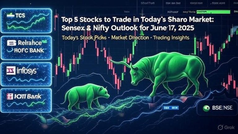 Top 5 Stocks to Trade in Today’s Share Market: Sensex & Nifty Outlook for June 17, 2025 The Indian stock market offers a dynamic landscape for traders and investors seeking high returns. On June 17, 2025, the Sensex and Nifty indices continue to drive market sentiment, providing opportunities for intraday trading and short-term investments. This comprehensive guide unveils five momentum stocks to consider for the day, complete with precise support and resistance levels for Nifty and Bank Nifty, as well as performance updates on past recommendations. Whether you’re a seasoned trader or a beginner, this article equips you with actionable insights to navigate the share market effectively. Plus, discover how to kickstart your investment journey with a free demat account offering zero brokerage for 30 days. Why Invest in the Share Market Today? The Indian share market remains a hotspot for wealth creation, driven by robust economic growth and investor confidence. With Sensex and Nifty showcasing resilience, traders can capitalize on short-term price movements. Intraday trading, in particular, allows you to leverage daily market volatility, while short-term holdings (7–10 days) offer potential for significant returns. By focusing on momentum stocks with strong technical indicators, you can align your trades with market trends. To enhance your trading experience, consider opening a demat account with platforms like 5paisa, which offers zero brokerage on stock and ETF SIPs for both new and existing users. This limited-time offer ensures you maximize returns without incurring high costs. Let’s dive into the market outlook and top stock picks for June 17, 2025. Sensex and Nifty Market Outlook: Key Levels to Watch Understanding the key support and resistance levels for Nifty and Bank Nifty is critical for intraday traders. These levels act as pivotal points where price action may reverse or accelerate, guiding your entry and exit strategies. Nifty Intraday Levels First Support: 24,770 Second Support: 24,660 First Resistance: 25,123 Second Resistance: 25,233 The Nifty index is poised for potential upward momentum if it breaches the 25,123 resistance level. However, a drop below 24,770 could signal caution, with 24,660 acting as a critical support zone. Bank Nifty Intraday Levels First Support: 55,484 Second Support: 55,199 First Resistance: 56,446 Second Resistance: 56,991 Bank Nifty’s bullish sentiment suggests opportunities for gains if it sustains above 56,446. Traders should monitor these levels closely to time their trades effectively. By aligning your intraday strategies with these levels, you can make informed decisions and mitigate risks in a volatile market. Top 5 Momentum Stocks to Trade Today Momentum stocks, characterized by strong price trends and high trading volumes, offer excellent opportunities for short-term gains. Below are five carefully selected stocks for June 17, 2025, with recommended buy levels, stop-losses, and target prices for a holding period of 2–10 days. 1. Prestige Estates Projects: Capitalizing on Rising Volumes Prestige Estates Projects exhibits strong bullish momentum, driven by increasing trading volumes. This real estate stock is well-positioned for growth, making it an attractive pick for traders. Buy Price: ₹1,700 Stop-Loss: ₹1,648 First Target: ₹1,752 Second Target: ₹1,785 The rising volume indicates robust buyer interest, suggesting potential for a breakout. Place a stop-loss at ₹1,648 to protect against unexpected reversals, and aim for targets of ₹1,752 and ₹1,785 for optimal returns. 2. SBI Life Insurance: Riding the Bullish Wave SBI Life Insurance showcases strong bullish momentum, making it a compelling choice for traders seeking exposure to the financial sector. The stock’s upward trajectory is supported by positive market sentiment. Buy Price: ₹1,798 Stop-Loss: ₹1,744 First Target: ₹1,853 Second Target: ₹1,890 With a stop-loss at ₹1,744, traders can manage risks while targeting gains at ₹1,853 and ₹1,890. This stock’s consistent performance makes it a reliable pick for short-term trades. 3. Fertilisers and Chemicals Travancore: Volume-Driven Growth Fertilisers and Chemicals Travancore Ltd. is gaining traction due to a significant volume spike, signaling strong investor interest. This stock is ideal for traders looking to capitalize on sectoral momentum. Buy Price: ₹1,038 Stop-Loss: ₹998 First Target: ₹1,080 Second Target: ₹1,115 Set a stop-loss at ₹998 to safeguard your capital, and aim for targets of ₹1,080 and ₹1,115. The volume surge underscores the stock’s potential for short-term gains. 4. Adani Enterprises: Pulling Up from Support Adani Enterprises has pulled back from a key support level, indicating a potential reversal. This diversified conglomerate is a strong candidate for traders seeking multi-sector exposure. Buy Price: ₹2,544 Stop-Loss: ₹2,480 First Target: ₹2,610 Second Target: ₹2,650 With a stop-loss at ₹2,480, traders can mitigate downside risks while targeting gains at ₹2,610 and ₹2,650. The stock’s recovery from support highlights its bullish potential. 5. Hero MotoCorp: On the Verge of a Breakout Hero MotoCorp is on the cusp of a breakout, making it an exciting pick for traders. The two-wheeler manufacturer’s strong fundamentals and technical setup suggest significant upside potential. Buy Price: ₹4,365 Stop-Loss: ₹4,255 First Target: ₹4,475 Second Target: ₹4,550 Place a stop-loss at ₹4,255 to manage risks, and target gains at ₹4,475 and ₹4,550. The stock’s breakout potential makes it a must-watch for short-term traders. Performance of Past Stock Recommendations Tracking the performance of previously recommended stocks provides valuable insights into their reliability. Two stocks highlighted in earlier recommendations delivered impressive returns: Oil India: Gained 2.82% Nazar Technologies: Gained 2.03% These results underscore the effectiveness of momentum-based stock picks. By focusing on stocks with strong technical indicators, traders can achieve consistent returns over short holding periods. Why Choose a Demat Account with Zero Brokerage? Opening a demat account with a platform like 5paisa offers significant advantages for traders and investors. Here’s why you should act now: Zero Brokerage for 30 Days: Start your trading journey without incurring brokerage fees, maximizing your profits. Free Stock and ETF SIPs: Invest systematically without additional costs, ideal for long-term wealth creation. User-Friendly Platform: Access advanced tools and real-time market data to make informed decisions. This limited-time offer is perfect for both new and experienced traders. Visit x.ai/grok to explore subscription plans and start trading today. Strategies for Successful Trading in Today’s Market To maximize your returns in the share market, adopt these proven strategies: Set Clear Entry and Exit Points: Use the recommended buy prices, stop-losses, and target levels to structure your trades. Monitor Support and Resistance Levels: Align your intraday trades with Nifty and Bank Nifty levels to time entries and exits effectively. Diversify Across Sectors: The recommended stocks span real estate, insurance, fertilizers, conglomerates, and automobiles, reducing sector-specific risks. Stay Informed: Follow market updates and technical analysis to identify emerging trends. Manage Risks: Always use stop-loss orders to protect your capital from unexpected market movements. By combining these strategies with the stock picks provided, you can navigate the market with confidence. The Importance of Technical Analysis in Stock Selection Technical analysis plays a pivotal role in identifying high-potential stocks. The recommended stocks were selected based on key indicators such as: Rising Volumes: Indicate strong buyer interest and potential for price appreciation. Bullish Momentum: Suggests sustained upward price movement. Support and Breakout Patterns: Highlight stocks poised for significant gains. By leveraging technical analysis, you can make data-driven decisions and avoid speculative trades. How to Stay Ahead in the Share Market To succeed in the share market, stay proactive and informed: Subscribe to Reliable Sources: Follow trusted channels for daily stock recommendations and market insights. Engage with the Community: Share feedback and insights in comment sections to learn from other traders. Continuously Learn: Explore trading-related content to enhance your skills and strategies. By staying engaged, you can refine your approach and capitalize on market opportunities.