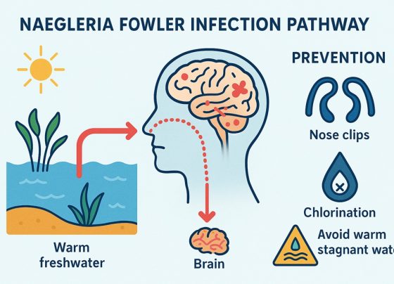 Brain-Eating Amoeba Alert: Ecology, Risk, and Prevention of Naegleria fowleri Infections Every summer a microscopic predator resurfaces in the headlines, blamed for a handful of devastating deaths yet lurking in warm ponds, rivers, taps, and even backyard hoses worldwide. Naegleria fowleri—the so-called brain-eating amoeba—is vanishingly rare, but when it reaches the human brain it kills more than 97 percent of its victims. This report explains how the organism lives, how it overcomes the immune system, why cases are rising northward with climate change, and—most critically—how communities and individuals can block its path. Ecology and Life Cycle of Naegleria fowleri Thermophilic habitat N. fowleri is a free-living amoeboflagellate that thrives between 25 °C and 46 °C, surviving brief spikes to 50+ °C by encysting. It colonises warm freshwater lakes, rivers, geothermal pools, poorly chlorinated swimming pools, pipes, hoses and distribution mains where residual chlorine is low. Surveys in Arizona wells found the amoeba in 8% of source samples, while Australian investigators recently detected it in municipal tap water after a heatwave. Morphological stages The amoeba alternates among three forms: the feeding trophozoite, a transient biflagellate, and a resilient cyst. Trophozoites divide every 2–3 h, switch to flagellates when nutrients drop, and encyst when temperatures fall or disinfectant rises. Life cycle of Naegleria fowleri showing environmental stages, infection through the nasal mucosa, and progression to brain infection causing primary amebic meningoencephalitis Image 88: CDC life-cycle schematic illustrating trophozoite, cyst and flagellate stages and nasal entry route. Pathogenesis: From Nasal Splash to Fulminant PAM Chemotaxis and invasion While millions of humans inhale freshwater daily without incident, N. fowleri follows acetylcholine gradients released by olfactory neurons, acting through a surface GPCR homologous to human mAChR1. Within hours the amoeba climbs the olfactory nerve, crosses the cribriform plate, and reaches the olfactory bulbs, bypassing the blood–brain barrier. Immune evasion Highly pathogenic strains display CD59-like proteins that block membrane-attack-complex assembly, shed complement on extracellular vesicles, and resist cytokine lysis. Neutrophils respond with oxidative bursts and extracellular traps, but unopsonised trophozoites frequently escape. Once in the brain, Nfa1 and actin-rich food-cups (amoebastomes) trogocytose live neurons, causing hemorrhagic necrosis and fatal intracranial hypertension within 7–10 days. Microscopic image of Naegleria fowleri trophozoites showing their characteristic amoeboid shape and internal structures Image 85: Light-microscopy view of violet-stained N. fowleri trophozoites showing vacuolated cytoplasm and central karyosome. Clinical course Primary amoebic meningoencephalitis (PAM) incubates 1–9 days, beginning with fever, headache and nausea, then rapidly progressing to stiff neck, seizures, hallucinations and coma; median time to death is five days. Histology reveals acute necrotising meningoencephalitis with trophozoites amid hemorrhage and granulocytes. Global Epidemiology and Climate Trends Since 1962 the United States has confirmed 167 cases, with only four survivors. Worldwide literature review tallied 381 cases through 2018, increasing 1.6% annually and expanding into higher latitudes. In 2024–25 clusters in Kerala, Pakistan, Israel, Missouri and Queensland underscore climate-driven geographic spread as surface waters warm and drought lowers lake levels. Demographics and exposure settings 76% of patients are male, median age 14; children’s porous cribriform plates may ease invasion. 58% linked to lake/pond swimming, 10% to water sports, 9% to nasal irrigation with tap water, and 12% to inadequately chlorinated pools. Household plumbing outbreaks in Louisiana (2011) and Arizona (2013) arose from warm chloramine systems with residuals