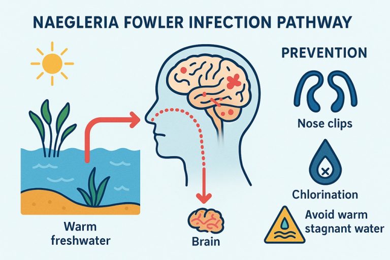 Brain-Eating Amoeba Alert: Ecology, Risk, and Prevention of Naegleria fowleri Infections Every summer a microscopic predator resurfaces in the headlines, blamed for a handful of devastating deaths yet lurking in warm ponds, rivers, taps, and even backyard hoses worldwide. Naegleria fowleri—the so-called brain-eating amoeba—is vanishingly rare, but when it reaches the human brain it kills more than 97 percent of its victims. This report explains how the organism lives, how it overcomes the immune system, why cases are rising northward with climate change, and—most critically—how communities and individuals can block its path. Ecology and Life Cycle of Naegleria fowleri Thermophilic habitat N. fowleri is a free-living amoeboflagellate that thrives between 25 °C and 46 °C, surviving brief spikes to 50+ °C by encysting. It colonises warm freshwater lakes, rivers, geothermal pools, poorly chlorinated swimming pools, pipes, hoses and distribution mains where residual chlorine is low. Surveys in Arizona wells found the amoeba in 8% of source samples, while Australian investigators recently detected it in municipal tap water after a heatwave. Morphological stages The amoeba alternates among three forms: the feeding trophozoite, a transient biflagellate, and a resilient cyst. Trophozoites divide every 2–3 h, switch to flagellates when nutrients drop, and encyst when temperatures fall or disinfectant rises. Life cycle of Naegleria fowleri showing environmental stages, infection through the nasal mucosa, and progression to brain infection causing primary amebic meningoencephalitis Image 88: CDC life-cycle schematic illustrating trophozoite, cyst and flagellate stages and nasal entry route. Pathogenesis: From Nasal Splash to Fulminant PAM Chemotaxis and invasion While millions of humans inhale freshwater daily without incident, N. fowleri follows acetylcholine gradients released by olfactory neurons, acting through a surface GPCR homologous to human mAChR1. Within hours the amoeba climbs the olfactory nerve, crosses the cribriform plate, and reaches the olfactory bulbs, bypassing the blood–brain barrier. Immune evasion Highly pathogenic strains display CD59-like proteins that block membrane-attack-complex assembly, shed complement on extracellular vesicles, and resist cytokine lysis. Neutrophils respond with oxidative bursts and extracellular traps, but unopsonised trophozoites frequently escape. Once in the brain, Nfa1 and actin-rich food-cups (amoebastomes) trogocytose live neurons, causing hemorrhagic necrosis and fatal intracranial hypertension within 7–10 days. Microscopic image of Naegleria fowleri trophozoites showing their characteristic amoeboid shape and internal structures Image 85: Light-microscopy view of violet-stained N. fowleri trophozoites showing vacuolated cytoplasm and central karyosome. Clinical course Primary amoebic meningoencephalitis (PAM) incubates 1–9 days, beginning with fever, headache and nausea, then rapidly progressing to stiff neck, seizures, hallucinations and coma; median time to death is five days. Histology reveals acute necrotising meningoencephalitis with trophozoites amid hemorrhage and granulocytes. Global Epidemiology and Climate Trends Since 1962 the United States has confirmed 167 cases, with only four survivors. Worldwide literature review tallied 381 cases through 2018, increasing 1.6% annually and expanding into higher latitudes. In 2024–25 clusters in Kerala, Pakistan, Israel, Missouri and Queensland underscore climate-driven geographic spread as surface waters warm and drought lowers lake levels. Demographics and exposure settings 76% of patients are male, median age 14; children’s porous cribriform plates may ease invasion. 58% linked to lake/pond swimming, 10% to water sports, 9% to nasal irrigation with tap water, and 12% to inadequately chlorinated pools. Household plumbing outbreaks in Louisiana (2011) and Arizona (2013) arose from warm chloramine systems with residuals