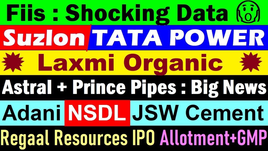 Stock Market Insights Today: FII Data, Laxmi Organic Surge, Suzlon’s Struggles, IPO Updates, and Sector Trends in India Introduction: A Bullish Day in the Indian Stock Market The Indian stock market witnessed strong upward momentum today, with several sectors recording impressive gains. While the rally was broad-based, not every stock performed uniformly. Some companies stood out due to specific news triggers, regulatory updates, and investor sentiment. From Laxmi Organic’s 20% upper circuit to Suzlon’s ongoing decline, and from Prince Pipes’ double-digit rally to the Regal Resources IPO allotment update, today’s market carried valuable lessons for retail investors and traders alike. In this detailed analysis, we’ll break down sector-specific performance, institutional investor data (FII & DII activity), and what it means for the near-term market outlook. Indian Stock Market Rally: What’s Driving the Momentum? The day began with optimism as global cues remained positive and domestic liquidity stayed strong. Broader indices reflected bullishness, but beyond index moves, certain sector-specific news drove outsized returns in individual stocks. Key Drivers of Today’s Rally: Sectoral Triggers: Anti-dumping duty speculation boosted plastic pipe manufacturers. Capex Announcements: Laxmi Organic gained sharply on a massive expansion plan. Policy Signals: Tata Power drew attention after PM Modi’s remarks on nuclear energy. IPO Buzz: Regal Resources IPO allotment and GMP attracted retail focus. Institutional Data: DIIs continued aggressive buying, offsetting FII hesitation. Investors were reminded that while markets move in cycles, specific triggers often unlock sudden momentum in individual stocks. Plastic Pipe Industry Surge: Prince Pipes, Astral, and Supreme Industries One of the most striking moves came from the plastic pipe segment, where Prince Pipes jumped 13–14%, followed by gains in Astral and Supreme Industries. Why Did These Stocks Rally? Reports suggested that the government might impose anti-dumping duties on imported plastic pipes. This means foreign-manufactured pipes could become more expensive, directly benefiting domestic companies. Investor Takeaway: Domestic leaders like Prince Pipes, Astral, and Supreme Industries could see sustained demand growth. Anti-dumping duties protect margins and market share for Indian players. Medium-term outlook for the sector remains structurally bullish. JSW Cement: Stable Gains Backed by Infrastructure Demand JSW Cement, a recent market entrant, recorded a 2–3% gain today. While not as sharp as other movers, the stock remains on investor radars. Why JSW Cement Stands Out: Belongs to the JSW Group, a diversified conglomerate with strong financial backing. Significant in-house demand from JSW’s own infrastructure and steel businesses. Expansion aligned with India’s long-term infrastructure growth. JSW Cement may not deliver flashy returns overnight, but its strategic positioning ensures steady compounding potential. Adani Group: Assam Land Allocation Controversy No market day feels complete without news involving the Adani Group. Recently, reports surfaced claiming that the Assam government had allotted land for Adani’s cement plant. However, Adani Group strongly denied these claims, calling the information misleading. Market Reaction: The denial limited sharp price volatility, but investor caution persists. Adani stocks often face headline-driven swings, requiring risk management. Key Lesson for Investors: Adani Group remains a high-beta play—offering opportunities but carrying significant headline risk. Laxmi Organic: 20% Upper Circuit on ₹1000 Crore Capex The day’s biggest highlight was Laxmi Organic Industries, which hit a 20% upper circuit after announcing a ₹1000 crore capital expenditure (Capex) plan. Why This Matters: Capex = Expansion: The company will significantly increase production capacity. Revenue Boost: Higher capacity directly translates to higher sales potential. Profitability Growth: With economies of scale, profit margins may expand. Investor Confidence: Large Capex signals management’s long-term growth vision. Market’s Response: Investors welcomed the bold move, sending the stock locked in the upper circuit. Small-cap chemical companies are highly volatile, but such transformative announcements create multi-year growth potential. Tata Power: Nuclear Energy Opportunity Ahead During his speech, Prime Minister Narendra Modi hinted at opening the nuclear power sector to private players. Naturally, this triggered curiosity about Tata Power, one of India’s largest energy companies. Current Situation: Tata Power’s CEO previously mentioned potential interest if the sector opened up. While today’s market reaction was muted, long-term implications are massive. Why Investors Should Watch: Nuclear power could be a future growth engine for private energy players. Tata Power may gain early-mover advantage when policy clarity emerges. NSDL: Stabilizing After Post-Listing Volatility The National Securities Depository Limited (NSDL) had a dramatic debut—initial gains followed by steep corrections. Today, NSDL stock rebounded with a 2% gain, signaling stabilization. Key Points for Investors: IPO stocks often face heavy volatility in the first few weeks. Long-term performance depends on business fundamentals, not listing hype. NSDL remains a crucial market infrastructure company, giving it a strong business moat. Suzlon Energy: Decline Continues After CFO Exit Unlike today’s rallying stocks, Suzlon Energy extended its decline, losing over 2% despite a positive market. Reasons for Weakness: CFO’s resignation triggered governance concerns. Market sentiment weakened after earnings disappointment. High retail participation amplifies volatility. Investor Concerns: Long-term investors face portfolio pain, especially with Suzlon forming a large allocation. Continuous selling pressure suggests confidence erosion. FII and DII Data: The Real Market Movers No market analysis is complete without understanding institutional investor flows. Today’s Data: FIIs: Net buying of only ₹400 crores—a very small figure in a bullish market. DIIs: Aggressive buying of ₹4200+ crores, supporting the market rally. Interpretation: FIIs remain cautious, still inclined toward selling at corrections. DIIs (mutual funds, insurance companies) continue to absorb FII selling pressure. Retail investors should follow long-term institutional positioning, not daily swings. Regal Resources IPO: Allotment and GMP Updates The Regal Resources IPO allotment was expected today, with results visible on MUFG’s platform. Grey Market Premium (GMP): GMP rose back above ₹25, reflecting improved sentiment. Earlier volatility in GMP reflected shifting investor mood. Investor Tip: IPOs should be evaluated on fundamentals, not just GMP. Short-term listing gains are uncertain, but strong businesses deliver long-term wealth. Lessons for Investors: Balancing Fundamentals with Market Trends Today’s session reinforces a timeless lesson: chasing short-term price movements is risky. Key Takeaways: Focus on business quality, not just stock prices. Big returns (multi-baggers) take years, not days. Volatility offers opportunities—but only if investors study fundamentals. The Indian market remains in a bullish phase, but careful stock selection will determine success. FAQs 1. Why did Laxmi Organic hit a 20% upper circuit? Because it announced a ₹1000 crore Capex plan, expanding production capacity and boosting growth potential. 2. Is Prince Pipes a good investment now? With anti-dumping duties potentially protecting domestic players, demand and margins look favorable in the medium term. 3. Why is Suzlon Energy falling despite a strong market? The CFO’s resignation and weak earnings triggered negative sentiment, extending the stock’s decline. 4. What does FII vs DII data reveal? FIIs remain cautious, while DIIs continue aggressive buying, keeping the market resilient. 5. How to check Regal Resources IPO allotment status? Investors can check on the MUFG website or the official registrar’s platform. Conclusion The Indian stock market’s rally today highlighted the power of sector-specific triggers. Laxmi Organic showed how Capex can ignite investor excitement. Prince Pipes and Astral benefitted from protectionist duty news. Suzlon Energy reminded investors of governance risks. Tata Power may emerge as a nuclear energy contender in the future. IPO buzz keeps retail participation high, but fundamentals matter most. As FIIs hesitate and DIIs step up, the Indian market continues its structural growth story. For retail investors, patience, business analysis, and strategic entry remain the golden rules for wealth creation.