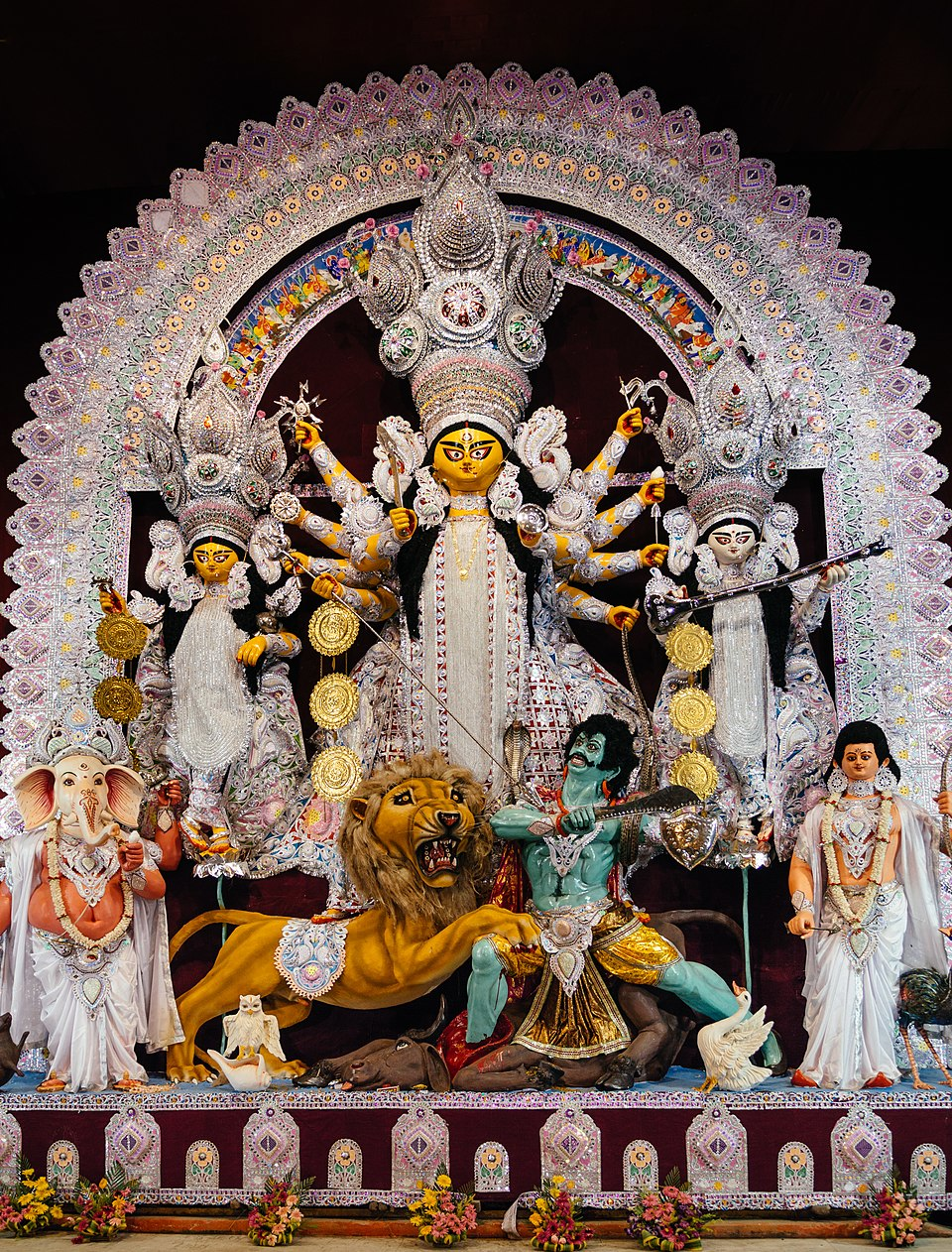 Elaborate idol of Goddess Durga during Durga Puja and Navratri celebrations
