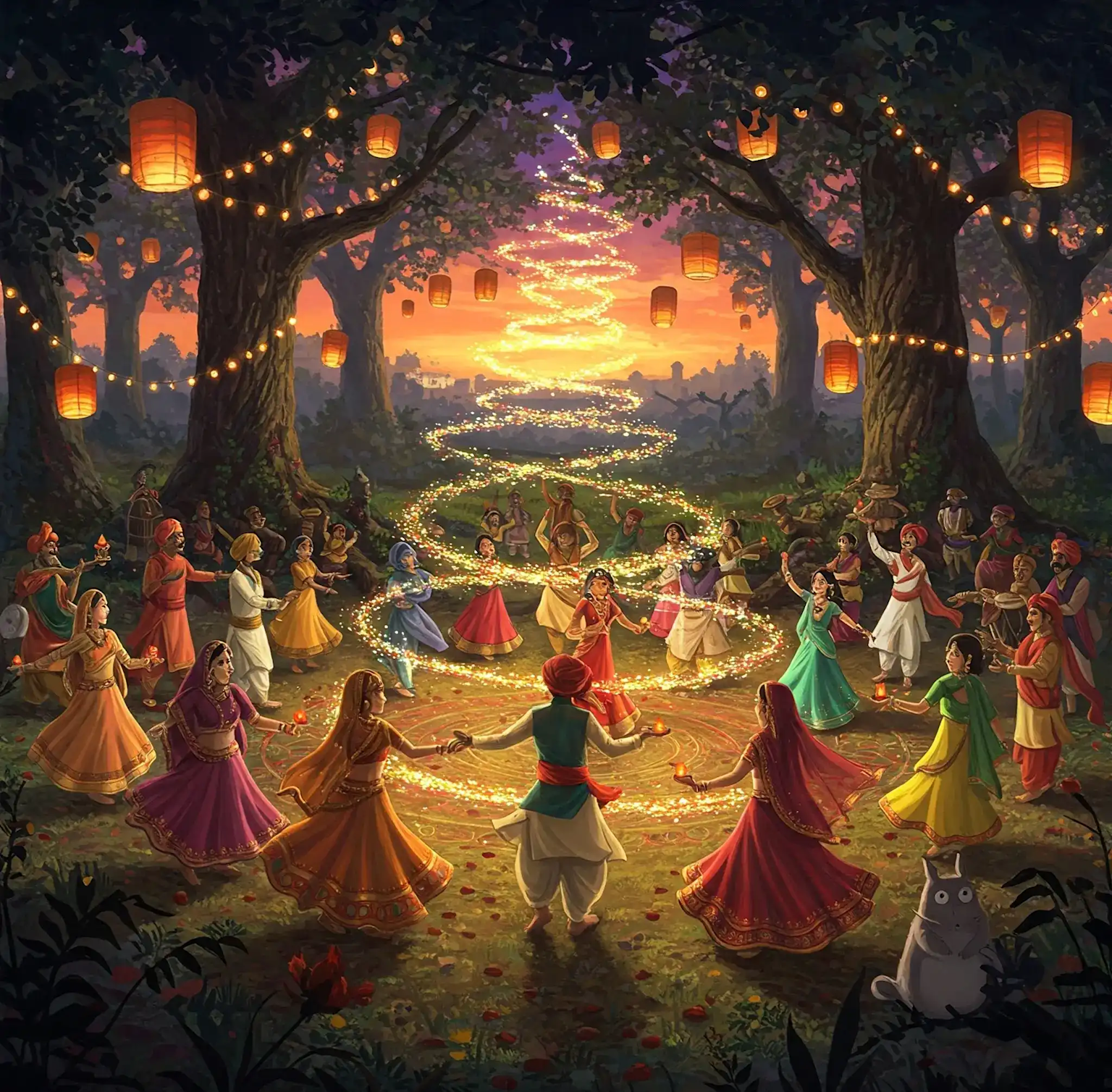 Traditional Navratri Garba dance in a glowing forest setting with participants performing Dandiya Raas in vibrant attire