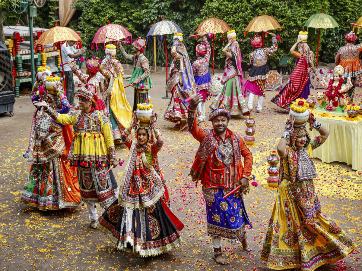 Colorful Garba dance celebration during Navratri in Gujarat with traditional attire and festive decorations