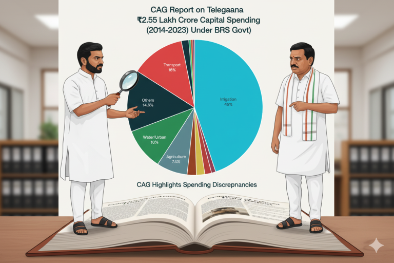 Shocking Reality: Telangana's Misplaced Development Priorities Under BRS Regime (2014-2023) - CAG Report Exposes ₹2.55 Lakh Crore Capital Spending Pattern The recently released Comptroller and Auditor General (CAG) report on Telangana's fiscal management during the Bharat Rashtra Samithi (BRS) regime from 2014 to 2023 has unveiled a startling pattern of development spending that prioritized irrigation infrastructure over critical social sectors. The comprehensive analysis reveals how 45% of every ₹100 spent on capital projects went to irrigation (primarily the controversial Kaleshwaram project), while schools received merely ₹1 and hospitals got only ₹2 per ₹100 of development expenditure. Capital expenditure allocation per ₹100 in Telangana (2014-2023) showing irrigation received ₹45 while education got only ₹1 The Stark Reality of Development Fund Allocation Capital Expenditure Breakdown: A Tale of Skewed Priorities Over nine years of BRS governance, Telangana spent a massive ₹2.55 lakh crore on capital projects, with the allocation pattern revealing concerning priorities that favored large-scale infrastructure projects over essential social services. The CAG data shows that irrigation and flood control received ₹1.15 lakh crore (45%) of the total capital expenditure, predominantly channeled into the Kaleshwaram Lift Irrigation Project. This allocation pattern becomes even more troubling when compared to social sector spending. Education infrastructure received a meager ₹2,550 crore (1%), while health infrastructure was allocated ₹5,500 crore (2%). Transport and roads, the second-largest recipient, received ₹16 per ₹100, highlighting the government's emphasis on physical infrastructure over human development. Pie chart showing 45% of Telangana's capital expenditure went to irrigation (Kaleshwaram) while health got only 2% Revenue Expenditure: Committed Costs Dominated Spending The revenue expenditure pattern further illustrates the fiscal challenges faced during the BRS regime. For every ₹100 of revenue expenditure, ₹30 went to salaries, pensions, and interest payments - representing committed expenditure that left limited fiscal space for discretionary spending. Education operations, primarily teacher salaries, consumed ₹20 per ₹100, while health operations received only ₹7 per ₹100 of revenue expenditure. The heavy burden of committed expenditure severely constrained the government's ability to invest in quality improvements and infrastructure development in critical sectors like health and education. Kaleshwaram Project: A Financial Albatross Project Cost Escalation and Economic Viability Crisis The Kaleshwaram Lift Irrigation Project, touted as the world's largest multi-stage lift irrigation scheme, has become synonymous with fiscal mismanagement and cost overruns. Originally estimated at ₹38,500 crore under the previous PCSS project, the cost escalated to ₹81,911 crore when re-engineered as Kaleshwaram, and the CAG now projects the final cost could exceed ₹1.47 lakh crore. The CAG report delivers a damning verdict on the project's economic viability, calculating a Benefit-Cost Ratio (BCR) of just 0.52, meaning every rupee spent yields only 52 paise in returns. This falls far below the minimum BCR of 1.0 required for project viability, indicating the project was "ab-initio, economically unviable". Massive Operational Cost Burden Beyond the capital cost crisis, Kaleshwaram saddles the state with enormous operational expenses. The project requires 8,459.10 MW of power - representing 46.82% of Telangana's total installed capacity - resulting in an annual electricity bill of approximately ₹10,000 crore. The total annual operational cost, including maintenance and debt servicing, could reach ₹25,000 crore per year. Delivery Failure: Promises vs Reality Despite the massive expenditure, Kaleshwaram's delivery has been abysmal. The CAG found that by March 2022, only 40,888 acres of new command area had been created against the targeted 18.26 lakh acres. This represents a stunning failure rate of over 97%, with the cost per acre of irrigation coming to ₹11.45 lakh compared to ₹93,000 achieved by previous governments. Social Sector Neglect: Health and Education Underfunding Healthcare Infrastructure Crisis The BRS government's neglect of healthcare infrastructure is evident in both absolute numbers and comparative analysis. Health expenditure as a percentage of total spending declined from 4.67% in 2018-19 to 4.57% in 2022-23, falling far short of the National Health Policy 2017 target of 8% of the state budget. The CAG audit covering 2016-2022 found that health sector expenditure ranged between 2.53% to 3.47% - less than 50% of the specified norm. Capital expenditure on health showed a declining trend, dropping from 17.6% of total expenditure in 2018-19 to 9.3% in 2022-23. This underinvestment has left Telangana's healthcare system struggling to meet growing demands, particularly evident during the COVID-19 pandemic when health's share of capital expenditure barely touched 3%. Education Infrastructure Stagnation Educational infrastructure received equally inadequate attention, with only 1% of capital expenditure allocated to schools and educational facilities. While the government spent ₹20 per ₹100 of revenue expenditure on education, this primarily covered teacher salaries rather than infrastructure development. The stark contrast between operational expenses and capital investment has resulted in a deteriorating educational infrastructure that fails to support quality learning environments. Off-Budget Borrowing: The Hidden Debt Crisis Concealed Financial Obligations One of the most alarming findings of the CAG report relates to off-budget borrowings (OBB) totaling ₹1,18,629 crore that were concealed from legislative oversight. These borrowings, primarily through Special Purpose Vehicles like the Kaleshwaram Irrigation Project Corporation Limited (KIPCL), allowed the government to circumvent fiscal responsibility limits while hiding the true extent of the state's debt burden. The CAG noted that 64.3% of Kaleshwaram project expenditure (₹55,807.86 crore out of ₹86,788.06 crore) was financed through off-budget borrowings. This practice violates the principle of legislative control over public finances and creates hidden liabilities that future generations must service. Debt Sustainability Crisis When off-budget borrowings are included, Telangana's debt-to-GSDP ratio jumps to 35.64%, significantly exceeding the 25% limit prescribed under the state's Fiscal Responsibility and Budget Management Act and the 29.70% ceiling recommended by the 15th Finance Commission. The total outstanding debt increased from ₹95,598 crore in 2014-15 to ₹5,07,807 crore by 2022-23 - a staggering 500% increase. Interest Payment Burden: Crippling Future Finances Exponential Growth in Debt Servicing The BRS government's borrowing spree has created a crushing debt servicing burden that severely constrains fiscal flexibility. Interest payments grew from ₹5,227 crore in 2014-15 to ₹21,821 crore in 2022-23 - a 317% increase that reflects the unsustainable debt accumulation. By 2023-24, interest payments had ballooned to 28.2% of the state's own revenue when off-budget borrowings are included. This exponential growth in debt servicing costs has created a vicious cycle where borrowing becomes necessary to service existing debt, further deteriorating the state's fiscal position. The CAG warned that the state government will have to repay ₹2,67,018 crore as principal and interest on market borrowings over the next 10 years (by 2032-33). Impact on Development Spending The rising debt servicing burden has crowded out development spending, creating a situation where nearly 45% of revenue receipts in 2023-24 were consumed by salaries, pensions, and interest payments alone. This leaves minimal fiscal space for essential public services, infrastructure maintenance, and new development initiatives. Constitutional and Legal Violations Excess Expenditure Without Legislative Approval Perhaps the most serious finding of the CAG report relates to excess expenditure of ₹2,88,811 crore between 2014-15 and 2021-22 without proper legislative authorization. This massive unauthorized spending violates constitutional principles of legislative control over public finances and represents a fundamental breach of democratic governance norms. The CAG noted that this excess expenditure "vitiated the system of budgetary and financial control and encouraged financial indiscipline in the management of public resources". Despite multiple meetings of the Public Accounts Committee, none of these unauthorized expenditures were regularized through proper legislative processes. Administrative Irregularities The Kaleshwaram project exemplifies the administrative chaos that characterized BRS financial management. Instead of seeking single comprehensive approval for the project, the government issued 73 separate administrative approvals totaling ₹1.10 lakh crore. This piecemeal approach prevented proper oversight and enabled cost escalations without adequate scrutiny. Economic Impact and Development Outcomes Irrigation Efficiency Comparison The BRS government's irrigation spending, despite its massive scale, delivered poor value for money. The cost per acre of new irrigation was ₹11.45 lakh compared to ₹93,000 achieved by previous administrations - representing a 1,130% increase in unit costs. This dramatic deterioration in efficiency highlights fundamental flaws in project planning and execution. The previous governments had created 58 lakh acres of irrigated area by spending much less per acre, while the BRS government managed to create only 15.8 lakh acres despite spending ₹1.81 lakh crore over 10 years. Social Development Deficit The skewed spending priorities have created significant deficits in social development outcomes. With health spending far below national targets and education infrastructure receiving minimal investment, Telangana lagged in building the human capital necessary for sustained economic growth. The state's per capita health budget, while claimed to be among the highest, failed to translate into proportionate infrastructure development. Regional Disparities and Rural Development Urban-Rural Development Imbalance The BRS government's focus on mega projects like Kaleshwaram came at the expense of balanced regional development. While significant resources were allocated to large-scale irrigation infrastructure, rural development received only ₹2.2 per ₹100 of capital expenditure. This imbalance has perpetuated regional disparities and failed to address the development needs of rural communities effectively. telangana_spending_analysis_2014_2023.csv Generated File Infrastructure Development Patterns Transport and roads, the second-largest recipient of capital expenditure at ₹16 per ₹100, primarily benefited urban areas and major transportation corridors. Rural connectivity and basic infrastructure in remote areas received inadequate attention, contributing to persistent rural-urban development gaps. Fiscal Governance and Transparency Issues Budget Management Failures The CAG report highlights systematic failures in budget management and fiscal discipline during the BRS regime. Revenue receipts consistently fell short of targets, with the government resorting to excessive borrowing to bridge fiscal gaps. In 2023-24, borrowings exceeded budget estimates by 118.94%, indicating poor financial planning and unrealistic revenue projections. Lack of Financial Transparency The concealment of off-budget borrowings from budget documents violated the 15th Finance Commission's recommendations for fiscal transparency. This lack of transparency prevented proper legislative oversight and public accountability, creating conditions for fiscal mismanagement. Long-term Consequences and Future Challenges Intergenerational Debt Burden The BRS government's borrowing spree has created a significant intergenerational burden, with future administrations required to service debt equivalent to several years of state revenue. The annual debt servicing requirement of approximately ₹25,000-30,000 crore will constrain development spending for decades. Infrastructure Maintenance Crisis The focus on new project construction without adequate provision for maintenance has created a looming infrastructure crisis. Projects like Kaleshwaram require substantial annual maintenance expenditure, but the government failed to create sustainable financing mechanisms for long-term operational costs. Recommendations and Way Forward Fiscal Consolidation Priorities Based on the CAG findings, Telangana needs urgent fiscal consolidation focusing on debt reduction, elimination of off-budget borrowings, and restoration of fiscal discipline. The current Congress government has indicated its intention to avoid off-budget borrowings and focus on sustainable financing mechanisms. Social Sector Investment Revival Immediate attention to health and education infrastructure is essential to address the development deficits created during the BRS regime. This requires not just increased budgetary allocations but also improved efficiency in project execution and outcomes measurement. Project Viability Assessment All ongoing and planned infrastructure projects need rigorous cost-benefit analysis to avoid repeating the Kaleshwaram mistakes. Projects with BCR below 1.0 should be reconsidered or redesigned to ensure optimal use of public resources. Conclusion: Lessons from a Decade of Misplaced Priorities The CAG report on Telangana's finances during 2014-2023 serves as a cautionary tale about the consequences of misplaced development priorities and fiscal indiscipline. The BRS government's obsession with mega infrastructure projects, particularly Kaleshwaram, came at the enormous cost of social sector development and fiscal sustainability. The stark reality that ₹45 out of every ₹100 of development money went to irrigation while schools got only ₹1 and hospitals ₹2 represents a fundamental failure of development strategy. This pattern not only created massive debt burdens but also neglected the human capital investments essential for long-term economic growth and social progress. The hidden debt crisis through off-budget borrowings, constitutional violations in expenditure management, and the creation of economically unviable projects have left Telangana with a legacy of fiscal challenges that will require years of disciplined governance to address. The experience underscores the critical importance of balanced development priorities, fiscal transparency, and rigorous project evaluation in state governance. Moving forward, Telangana's development trajectory will depend on the current and future governments' ability to learn from these costly mistakes and reorient spending toward sustainable, people-centric development that truly improves lives rather than merely creating impressive infrastructure monuments