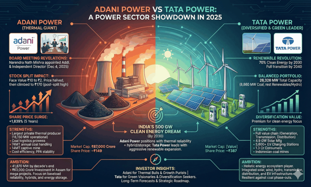 Adani Power Share Price Surge: Board Meeting Revelations, Stock Split Insights, and Tata Power Showdown in 2025 In the dynamic world of Indian energy stocks, Adani Power continues to command attention as a powerhouse in thermal generation. Investors eagerly await updates on its strategic moves, especially following the recent board meeting on November 21, 2025. This pivotal gathering has unveiled fresh appointments and signals robust growth ambitions amid India's aggressive push toward 500 GW renewable capacity by 2030. As Adani Power navigates stock splits and market fluctuations, comparisons with rival Tata Power intensify, highlighting divergent paths in clean energy and traditional power. This comprehensive analysis dives deep into the latest Adani Power share news, explores its competitive edge, and forecasts potential trajectories for savvy investors eyeing long-term gains. Adani Power Board Meeting Results: Key Decisions Shaping the Future Adani Power's board convened on November 21, 2025, delivering outcomes that underscore the company's commitment to bolstering leadership and governance. The meeting focused on critical resolutions, primarily the appointment of a seasoned expert to the board. This move arrives at a crucial juncture, as Adani Power accelerates its expansion beyond India's borders while addressing operational hurdles in coal logistics and regulatory compliance.