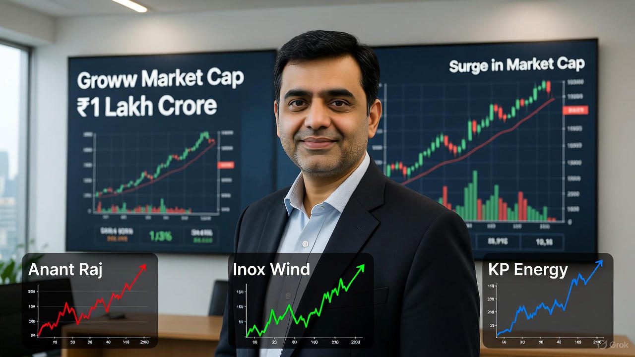 Groww Share Price with 1LK market cap, Anant Raj, KP Energy and Inox Wind