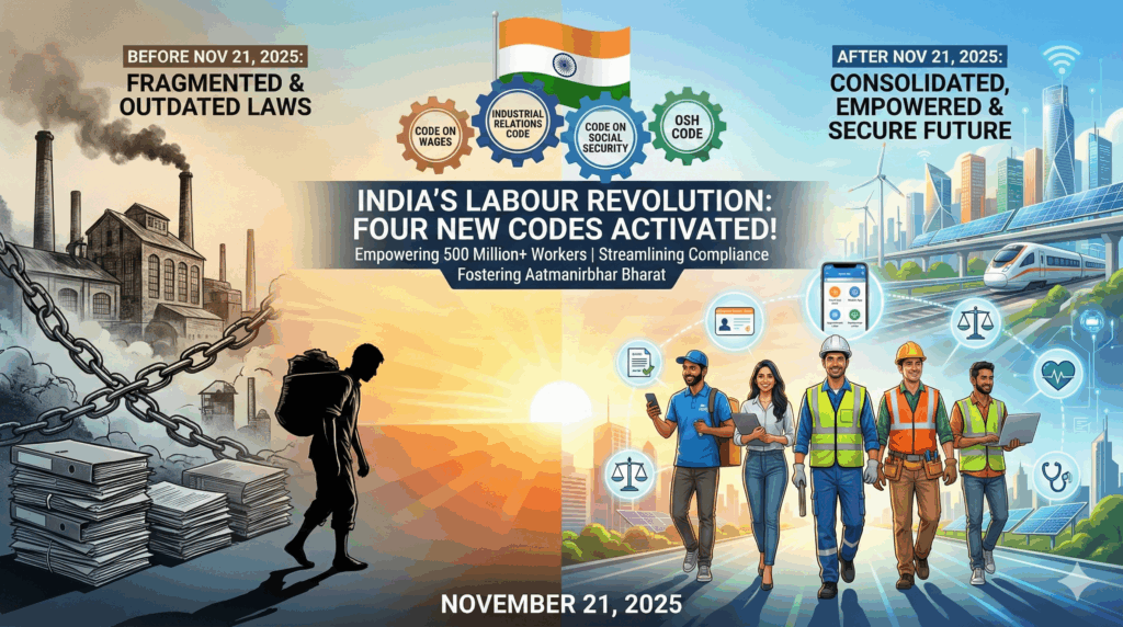 India's Labour Codes 2025: Revolutionizing Worker Rights with Enhanced Wages, Safety, and Social Security Nationwide In a bold stride toward building a self-reliant India, the government activates four transformative Labour Codes on November 21, 2025. These codes—the Code on Wages 2019, Industrial Relations Code 2020, Code on Social Security 2020, and Occupational Safety, Health and Working Conditions Code 2020—consolidate 29 outdated laws into a modern framework. Workers across sectors gain stronger protections, fairer pay, and comprehensive welfare, while businesses enjoy streamlined compliance. This overhaul aligns India's workforce with global standards, fosters job creation, and empowers millions in the gig economy, manufacturing, and beyond. As Aatmanirbhar Bharat gains momentum, these reforms promise a resilient economy where every laborer thrives. Streamlining India's Labour Ecosystem: From Colonial-Era Hurdles to Modern Empowerment India's labor landscape has long grappled with relics from the 1930s and 1950s, when factories hummed under British rule and the post-independence economy focused on basic industrialization. Back then, lawmakers drafted 29 fragmented Central laws to regulate wages, disputes, safety, and security. These rules, though well-intentioned, became tangled webs of bureaucracy. Employers faced endless registrations and returns, while workers navigated unclear rights in a world of informal jobs and gig platforms. Compliance costs soared, stifling small businesses and leaving vast swaths of the workforce—over 90% in the unorganized sector—without basic safeguards. The government now sweeps away this clutter. By enforcing the four Labour Codes, officials merge these disparate laws into cohesive structures that adapt to today's digital gigs, remote work, and export booms. Imagine a factory owner in Gujarat no longer juggling multiple licenses; instead, a single pan-India registration suffices. Or a delivery rider in Bengaluru accessing portable provident funds seamlessly. This shift not only cuts red tape by 70% but also injects transparency and trust into employer-employee bonds. Experts hail this as a game-changer for India's 500 million-plus workforce. The International Labour Organization (ILO) praises the alignment with Convention 155 on occupational safety, positioning India as a leader in emerging markets. Businesses report potential savings of billions in compliance, freeing capital for hiring and innovation. For workers, the payoff is immediate: mandatory appointment letters end verbal job promises, ensuring documented security from day one. Key Transformations: Before and After the Labour Codes Implementation