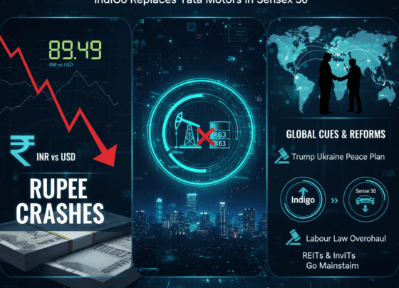 Indian Stock Market News 24 November 2025: Rupee Hits Record Low at 89.49, RIL Cuts Russian Oil Imports, IndiGo Replaces Tata Motors in Sensex 30 The Indian rupee plunged to an all-time low of 89.49 against the US dollar on 24 November 2025, while global oil prices eased on hopes of a Russia-Ukraine peace deal. Domestic indices opened flat-to-negative amid heavy FII outflows, fresh US tariff uncertainty, and a weakening currency. Here’s your comprehensive, SEO-optimized roundup of everything that moved markets today. Indian Rupee Crashes to Historic Low of 89.49 – What It Means for Investors The rupee depreciated nearly 0.9% in a single session to touch 89.49 – its weakest level ever. Year-to-date, the currency has fallen over 4.5% in 2025, making it one of Asia’s worst-performing major currencies. Key Triggers Behind Rupee’s Free Fall Massive FII selling: Foreign institutions have pulled out ≈$16 billion from Indian equities so far in 2025. Uncertainty over India-US trade deal under the incoming Trump administration. Surprisingly muted RBI intervention – the central bank appears to have stepped back from aggressive dollar buying near psychological 89-90 levels. Persistent trade deficits and elevated crude import bills (despite lower prices). A weaker rupee makes imports costlier, fuels imported inflation, and erodes returns for foreign investors when converted back to dollars. However, it provides a natural boost to IT, pharmaceuticals, and export-oriented sectors. Brent Crude Slips Below $63 – Reliance Industries Halts Russian Oil Imports