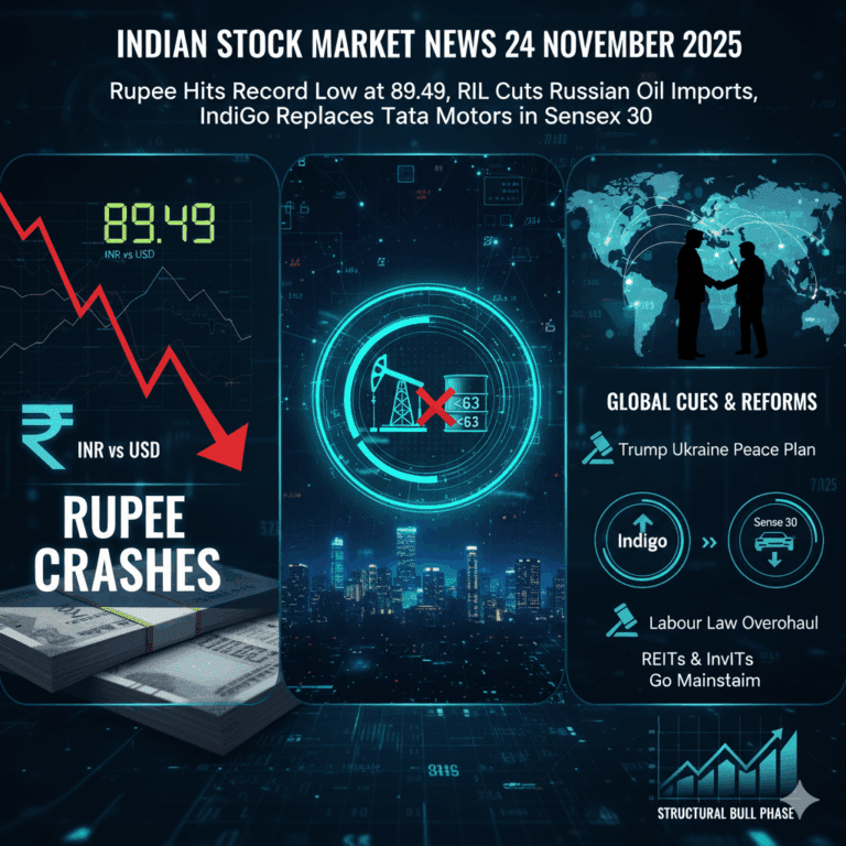 Indian Stock Market News 24 November 2025: Rupee Hits Record Low at 89.49, RIL Cuts Russian Oil Imports, IndiGo Replaces Tata Motors in Sensex 30 The Indian rupee plunged to an all-time low of 89.49 against the US dollar on 24 November 2025, while global oil prices eased on hopes of a Russia-Ukraine peace deal. Domestic indices opened flat-to-negative amid heavy FII outflows, fresh US tariff uncertainty, and a weakening currency. Here’s your comprehensive, SEO-optimized roundup of everything that moved markets today. Indian Rupee Crashes to Historic Low of 89.49 – What It Means for Investors The rupee depreciated nearly 0.9% in a single session to touch 89.49 – its weakest level ever. Year-to-date, the currency has fallen over 4.5% in 2025, making it one of Asia’s worst-performing major currencies. Key Triggers Behind Rupee’s Free Fall Massive FII selling: Foreign institutions have pulled out ≈$16 billion from Indian equities so far in 2025. Uncertainty over India-US trade deal under the incoming Trump administration. Surprisingly muted RBI intervention – the central bank appears to have stepped back from aggressive dollar buying near psychological 89-90 levels. Persistent trade deficits and elevated crude import bills (despite lower prices). A weaker rupee makes imports costlier, fuels imported inflation, and erodes returns for foreign investors when converted back to dollars. However, it provides a natural boost to IT, pharmaceuticals, and export-oriented sectors. Brent Crude Slips Below $63 – Reliance Industries Halts Russian Oil Imports