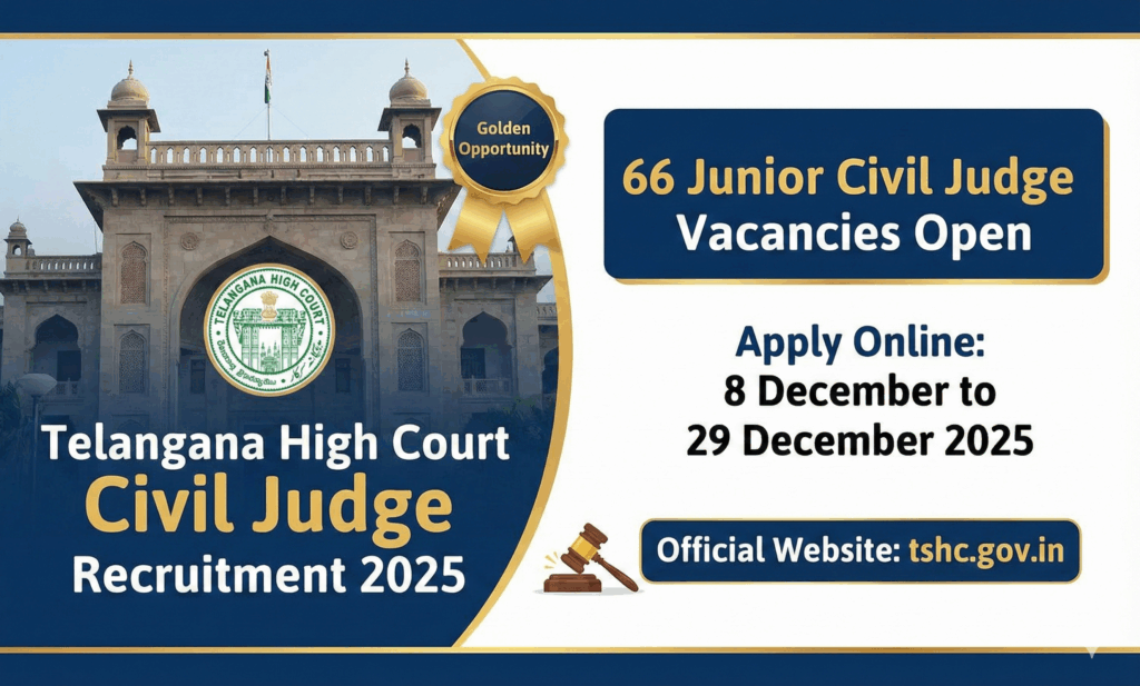 Telangana High Court Civil Judge Recruitment 2025: 66 Junior Civil Judge Vacancies Open – Apply Online from 8 December The High Court for the State of Telangana has officially released Notification No. 45/2025-RC inviting online applications for direct recruitment to 66 posts of Civil Judge (Junior Division) in the Telangana State Judicial Service. This includes 28 fresh vacancies for 2025 and 38 carried-forward vacancies from 2024. This is one of the most sought-after judicial service opportunities in Telangana, offering a prestigious career in the judiciary with excellent pay, perks, and long-term growth. If you dream of becoming a Civil Judge in Telangana, this is your moment. Applications open on 8 December 2025 and close sharply at 11:59 PM on 29 December 2025. Don’t miss this golden opportunity. Key Highlights of Telangana Civil Judge Recruitment 2025 Total Vacancies: 66 (including 38 backlog vacancies from 2024) Post Name: Civil Judge (Junior Division) Notification No.: 45/2025-RC Application Mode: Exclusively Online Official Website: https://tshc.gov.in Application Period: 8 December 2025 to 29 December 2025 (till 11:59 PM) Selection Process: Screening Test (CBT) → Written Examination → Interview