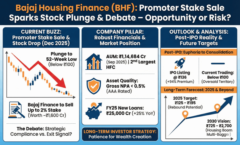 Bajaj Housing Finance Promoter Stake Sale: Latest News on BHF Share Price Target 2025-2030 Amid Consolidation Phase In the dynamic world of Indian stock markets, few events capture investor attention like a promoter stake sale in a high-profile housing finance company. Bajaj Housing Finance (BHF), the powerhouse subsidiary of Bajaj Finance, finds itself at the center of such buzz as of December 2025. With its promoter announcing plans to offload up to 2% of its equity stake—potentially worth over ₹1,600 crore—the stock has plunged to a 52-week low, sparking debates on whether this signals an exit or a strategic compliance move. Investors grapple with BHF share price targets for 2025, wondering if the current consolidation phase masks a golden long-term opportunity or hides deeper risks. This comprehensive analysis dives deep into the Bajaj Housing Finance promoter stake sale latest news, unpacks the company's robust financials, evaluates BHF share performance post-IPO, and forecasts potential price trajectories through 2030. Drawing from real-time market data and expert insights, we explore why patient investors might still eye BHF as a cornerstone in housing finance stocks for long-term wealth creation.