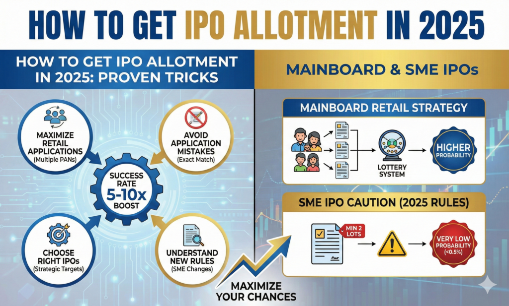 How to Get IPO Allotment in 2025: Proven Tricks to Maximize Your Chances of Success in Mainboard & SME IPOs Getting an IPO allotment in India’s hyper-competitive market feels impossible for most retail investors. Oversubscription rates frequently cross 50x–200x, yet thousands still walk away empty-handed every week. The truth? Allotment isn’t purely luck. Smart investors who understand SEBI’s latest rules, avoid fatal application mistakes, and deploy simple yet powerful strategies consistently boost their success rate by 5–10x compared to the average applicant. This 3500-word ultimate guide reveals exactly how IPO allotment works in 2025, the new SME IPO rules, deadly mistakes that get applications rejected, and field-tested tricks used by seasoned investors to secure allotments repeatedly — even in the hottest issues. Understanding IPO Allotment Categories: Retail vs HNI Explained Every mainboard IPO in India divides investors into three primary categories: Retail Individual Investor (RII) – Up to ₹2 lakh per application Non-Institutional Investor (NII) – Split into sNII (₹2–10 lakh) and bNII (above ₹10 lakh) Qualified Institutional Buyers (QIB) – Banks, mutual funds, etc.