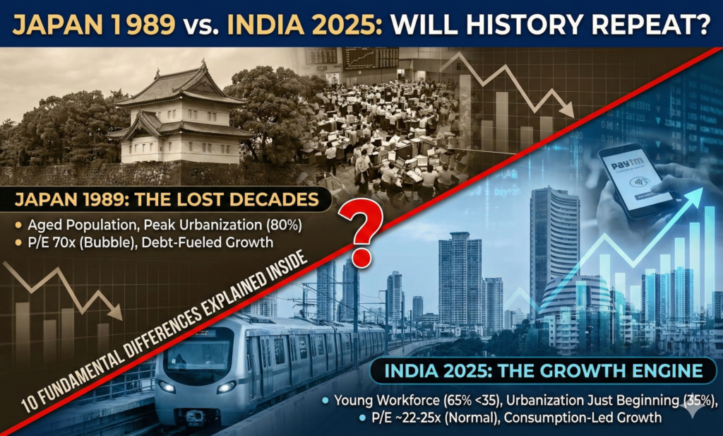 Japan Stock Market Crash 1989: Full Story Explained | Will India Repeat Japan’s Lost Decades? The year was 1989. Japan’s Nikkei 225 hit an all-time high of 38,915 – the most expensive stock market in the world. Tokyo’s Imperial Palace grounds were theoretically worth more than the entire real estate of California. Taxi drivers gave stock tips. Housewives day-traded. Then, in less than three years, the market lost 80% of its value. Thirty-five years later, the Nikkei has only recently crossed its 1989 peak again.