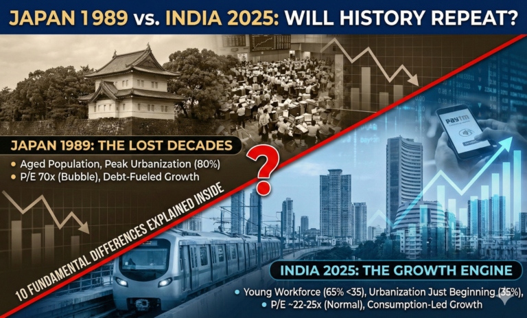 Japan Stock Market Crash 1989: Full Story Explained | Will India Repeat Japan’s Lost Decades? The year was 1989. Japan’s Nikkei 225 hit an all-time high of 38,915 – the most expensive stock market in the world. Tokyo’s Imperial Palace grounds were theoretically worth more than the entire real estate of California. Taxi drivers gave stock tips. Housewives day-traded. Then, in less than three years, the market lost 80% of its value. Thirty-five years later, the Nikkei has only recently crossed its 1989 peak again.