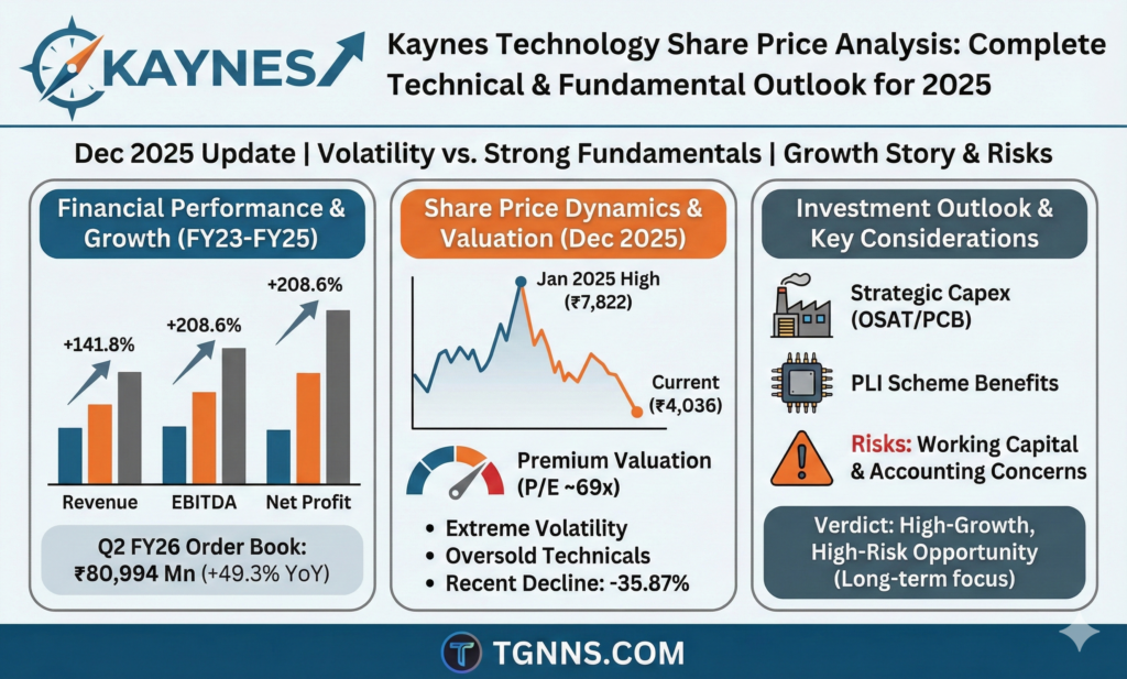 Kaynes Technology Share Price Analysis: Complete Technical & Fundamental Outlook for 2025 Kaynes Technology India Limited (KAYNES) represents a compelling case study in the Indian electronics manufacturing sector. The company, trading on the NSE under the ticker KAYNES.NS, has experienced dramatic volatility over the past year, with its stock price declining 35.87% from ₹6,294.60 to ₹4,036.50 despite maintaining robust fundamental growth. This comprehensive analysis examines the current share price dynamics, technical indicators, financial performance, and investment considerations for traders and investors evaluating Kaynes Technology's potential in December 2025. Kaynes Technology 12-Month Share Price Trend showing peak in January 2025 and significant decline thereafter Understanding Kaynes Technology's Business Model and Growth Story Core Business Operations and Revenue Streams Kaynes Technology India Limited operates as a comprehensive Electronics Manufacturing Services (EMS) provider with specialized capabilities in printed circuit board assemblies (PCBAs), box build solutions, and original equipment manufacturer (OEM) services. The company serves multiple high-growth industrial verticals, positioning itself as a critical infrastructure player in India's push toward domestic electronics manufacturing and self-reliance.​ The company's business model encompasses several strategic revenue streams that collectively generate exceptional financial performance. Contract manufacturing constitutes approximately 75% of revenue, representing the core earnings driver for Kaynes Technology. Additional revenue streams include design and development services, licensing and royalties, and after-sales support services. As of the latest earnings call, the company operates 12 manufacturing sites across India with facilities extending to the United States, Canada, and Austria, serving over 50 major clients across aerospace, defense, automotive, and telecommunications sectors.​