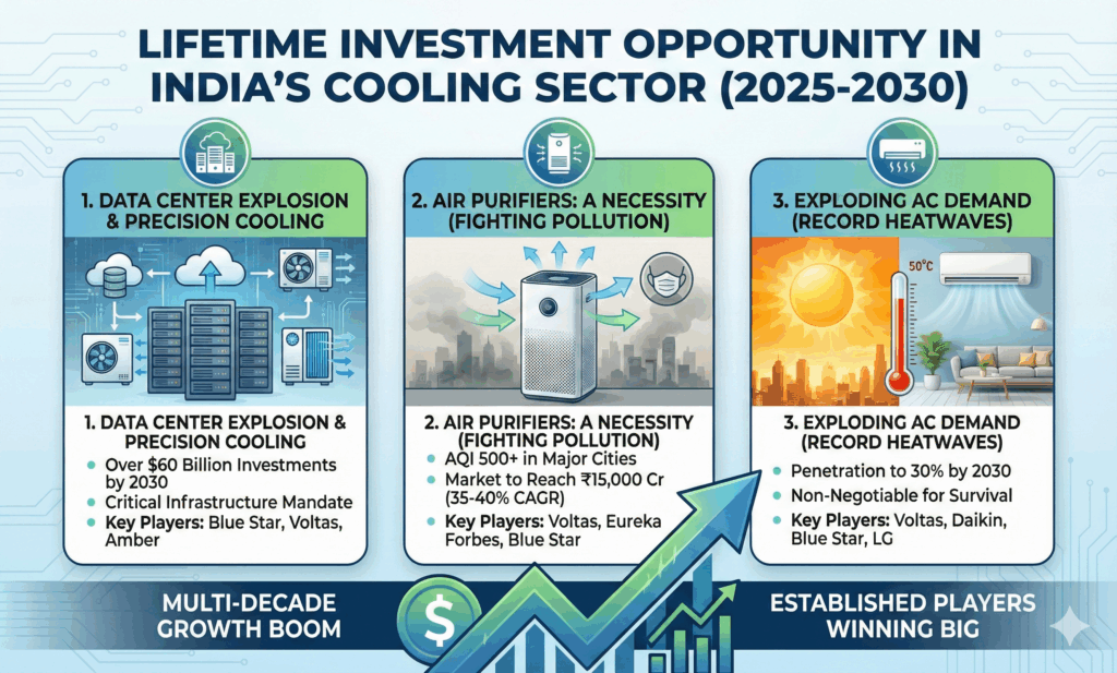Lifetime Investment Opportunity in India's Cooling Sector: Data Centers, Air Purifiers, and Exploding AC Demand in 2025-2030 The Indian cooling industry stands at the cusp of its biggest multi-decade boom. Three unstoppable megatrends – explosive data center growth, worsening air pollution that makes air purifiers a necessity, and record-breaking heat waves that turn air conditioners from luxury to survival gear – converge to create what many analysts now call a “once-in-a-lifetime” opportunity for companies operating in precision cooling, room air conditioners (RAC), and air purification systems. Investors who understood renewable energy a decade ago watched Tata Power multiply more than 20X from its lows. Today, the same structural tailwinds that lifted renewable stocks now favor cooling-related businesses – but with far higher certainty and faster execution visibility. Why the Cooling Sector Deserves Your Immediate Attention Growth separates multibagger stocks from average performers. Traditional sectors often face regulatory caps, pricing controls, or saturation. Cooling-related companies, however, enjoy three new high-growth verticals that barely existed in India five years ago: Data Center Cooling Solutions Residential & Commercial Air Purifiers Fast-rising Room Air Conditioner (RAC) penetration driven by unbearable summers Each segment grows at 25-50% CAGR, and most established cooling players already participate in all three. Megatrend #1: India’s Data Center Explo