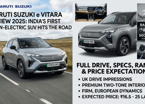 Maruti Suzuki e Vitara Review 2025: India’s First Born-Electric SUV Hits the Road – Full Drive, Specs, Range & Price Expectations The Maruti Suzuki e Vitara marks a historic turning point for India’s largest carmaker. After decades of dominating the petrol and diesel segments, Maruti has finally launched its first ground-up electric SUV – the e Vitara. We flew to the United Kingdom to drive the global-spec Suzuki e Vitara months before its official India launch in mid-2025, and the experience proves one thing: Maruti is no longer playing it safe. Maruti Suzuki e Vitara Design: The Metal Beast That Looks Nothing Like a Regular Maruti Maruti calls it the “Metal Beast,” and the moment you stand next to the e Vitara, you understand why. Sharp creases, aggressive angular headlights, and bold fender flares give it a muscular, almost brutalist stance that stands completely apart from the soft, rounded Grand Vitara or Brezza. The front fascia grabs attention with split LED headlights and a closed-off grille finished in body-colored panels. The hood features deep sculpting, and the bumper carries strong horizontal lines that scream toughness. Move to the side and the drama continues – a rising shoulder line, flush door handles (rear ones hidden), black cladding, and 18-inch alloy wheels with an aggressive five-spoke design. At the rear, the protruding LED tail lamps connected by a sculpted element (but no full-width light bar – a refreshing change) complete the look. Maruti deliberately avoided the overused continuous light bar trend, and in person, the separated clusters actually look premium and distinctive. Overall length sits at 4,270 mm, width at 1,800 mm, and height at 1,635 mm – making it slightly longer