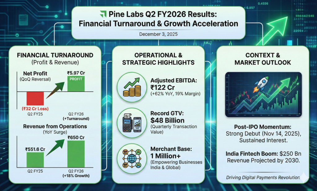 Pine Labs Q2 FY2026 Results: Strong Profit Turnaround, Revenue Surge to ₹650 Crore Amid Fintech Boom – Latest Share News and Analysis In the fast-evolving world of Indian fintech, Pine Labs stands tall as a powerhouse driving digital payments and merchant empowerment. On December 3, 2025, the company unveiled its Q2 FY2026 financial results, marking a pivotal moment just weeks after its blockbuster IPO listing on November 14. Investors and industry watchers eagerly anticipated these numbers, and Pine Labs delivered with flair. The fintech giant swung to a consolidated net profit of ₹5.97 crore, erasing a ₹32 crore loss from the same quarter last year. Revenue from operations rocketed 18% year-over-year to ₹650 crore, underscoring robust growth in payment processing and merchant financing services. This performance not only signals operational maturity but also positions Pine Labs as a frontrunner in India's digital payments revolution, where transaction volumes continue to skyrocket. Founded in 1998, Pine Labs has transformed from a niche POS provider into a comprehensive merchant commerce platform. It empowers over 1 million merchants across India and international markets with seamless in-store and online payment solutions, buy-now-pay-later (BNPL) options, and tailored financing. As digital adoption surges—fueled by UPI's dominance and government initiatives like Digital India—Pine Labs rides the wave of a sector projected to hit $250 billion in revenue by 2030. But what do these Q2 results reveal about the company's trajectory? And how does it stack up against broader fintech trends in 2025
