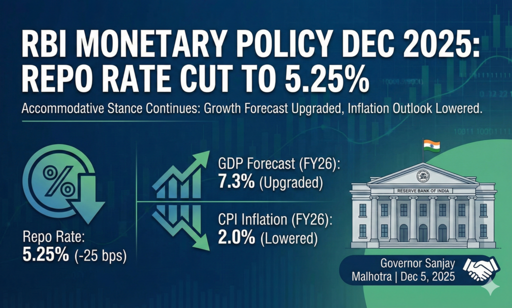 RBI Cuts Repo Rate by 25 bps to 5.25% in December 2025: Full MPC Policy Analysis, New Growth & Inflation Projections In a widely anticipated move, the Reserve Bank of India’s Monetary Policy Committee (MPC), headed by Governor Sanjay Malhotra, announced a 25 basis points repo rate cut on December 5, 2025, bringing the key policy rate down to 5.25%. The unanimous decision marks the continuation of an accommodative cycle that began earlier in the year and reflects India’s rare “Goldilocks” moment – robust economic growth coupled with historically low inflation. This comprehensive review breaks down everything you need to know about the December 2025 RBI monetary policy, including the new repo rate impact, revised GDP and inflation forecasts, liquidity measures, transmission updates, and what it means for borrowers, investors, and the broader Indian economy. Why RBI Cut Repo Rate to 5.25% in December 2025