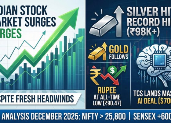 Indian Stock Market Surges Despite Fresh Headwinds: Silver Hits Record High, Gold Follows, Rupee at All-Time Low, and TCS Lands Massive AI Deal – Full Analysis December 2025 The Indian stock market delivered a surprising rally on December 11, 2025, even as multiple negative triggers emerged – a sharply weakening rupee touching a fresh all-time low of ₹90.47 against the dollar, conflicting statements on the India-US trade deal timeline, and persistent FII selling pressure. Nifty closed above 25,800 while Sensex gained over 600 points. Investors cheered the US Federal Reserve’s dovish stance, which turned out “better than expected,” triggering global risk-on sentiment. Yet, several under-the-radar risks are building up that could dictate the market’s next big move. Here’s a comprehensive, SEO-optimized breakdown of everything that moved the market today, why silver is outperforming gold by a massive margin, which stocks benefited the most, and what technical levels you must watch in the coming sessions.