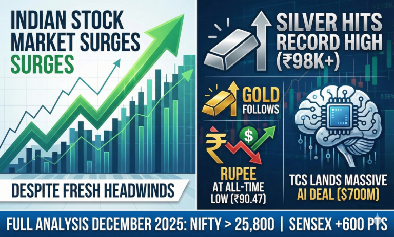 Indian Stock Market Surges Despite Fresh Headwinds: Silver Hits Record High, Gold Follows, Rupee at All-Time Low, and TCS Lands Massive AI Deal – Full Analysis December 2025 The Indian stock market delivered a surprising rally on December 11, 2025, even as multiple negative triggers emerged – a sharply weakening rupee touching a fresh all-time low of ₹90.47 against the dollar, conflicting statements on the India-US trade deal timeline, and persistent FII selling pressure. Nifty closed above 25,800 while Sensex gained over 600 points. Investors cheered the US Federal Reserve’s dovish stance, which turned out “better than expected,” triggering global risk-on sentiment. Yet, several under-the-radar risks are building up that could dictate the market’s next big move. Here’s a comprehensive, SEO-optimized breakdown of everything that moved the market today, why silver is outperforming gold by a massive margin, which stocks benefited the most, and what technical levels you must watch in the coming sessions.