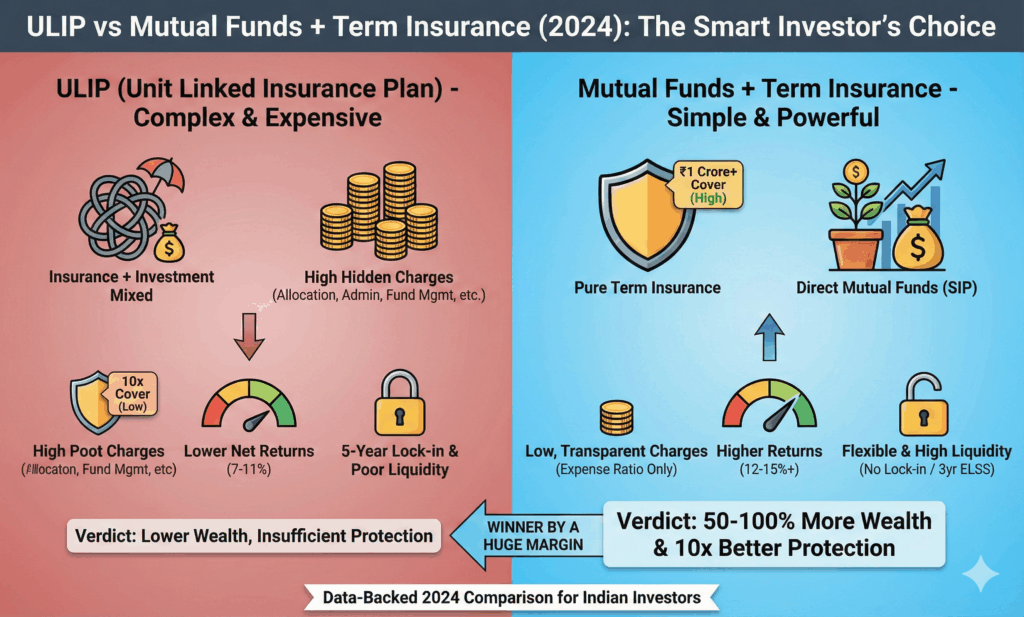 ULIP vs Mutual Funds 2024: Why Pure Mutual Funds + Term Insurance Beat ULIPs by a Huge Margin in India In 2024, thousands of Indian investors are still being sold Unit Linked Insurance Plans (ULIPs) as the “perfect” combination of life insurance and wealth creation. Banks, relationship managers, and cold callers push ULIPs aggressively because of high commissions. But when you run the actual numbers, the truth is shocking: ULIPs deliver lower returns, pathetic insurance cover, sky-high hidden charges, and poor liquidity compared to the simple strategy of buying pure mutual funds + a separate term insurance plan. This in-depth 2024 comparison reveals exactly why separating insurance and investment is the smartest financial move for most Indians today – backed by real calculations, latest tax rules, and performance data. What Exactly is a ULIP (Unit Linked Insurance Plan)