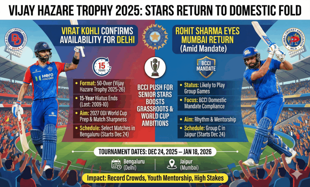 Vijay Hazare Trophy 2025 Schedule Breakdown: Delhi and Mumbai's Roadmaps Neutral venues level the fray, but schedules test mettle. Delhi's Bengaluru base—Alur's batsman haven, Chinnaswamy's buzz—suits Kohli's flair. Fixture lowdown: December 24: vs Andhra Pradesh (Alur) – Pace assault; Kohli likely skips for rest. December 26: vs Gujarat (Alur) – Spin duel; potential debut. December 29: vs Saurashtra (Chinnaswamy) – Cheteshwar Pujara's old foes; Kohli probable. December 31: vs Odisha (Alur) – Festive thriller; fatigue factor. January 3: vs Services (Chinnaswamy) – Kohli's 2010 ghost; locked in. January 6: vs Railways (Alur) – Ranji rematch; prime slot. January 8: vs Haryana (Alur) – Finale push; if fit. Group D rivals: Saurashtra's experience, Haryana's youth. Delhi aims semis. Mumbai's Jaipur jaunt: Sawai Mansingh's bounce favors Rohit. December 24: vs Sikkim (Sawai Mansingh) – Gentle opener. December 27: vs Uttarakhand (Sawai Mansingh) – Hill challenge. December 29: vs Chhattisgarh (Sawai Mansingh) – Underdog bite. December 31: vs Punjab (Sawai Mansingh) – Arshdeep Singh threat. January 3: vs Goa (Sawai Mansingh) – Steady sail. January 5: vs Maharashtra (Sawai Mansingh) – Rivalry heat. January 7: vs Himachal Pradesh (Sawai Mansingh) – Mountain men. Group C: Punjab's seam, Maharashtra's spin. Rohit could propel quarters. Knockouts from January 12 in Bengaluru—prelims, quarters, semis, final. W