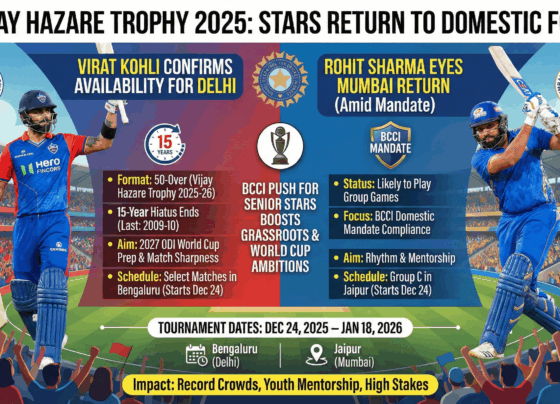 Vijay Hazare Trophy 2025 Schedule Breakdown: Delhi and Mumbai's Roadmaps Neutral venues level the fray, but schedules test mettle. Delhi's Bengaluru base—Alur's batsman haven, Chinnaswamy's buzz—suits Kohli's flair. Fixture lowdown: December 24: vs Andhra Pradesh (Alur) – Pace assault; Kohli likely skips for rest. December 26: vs Gujarat (Alur) – Spin duel; potential debut. December 29: vs Saurashtra (Chinnaswamy) – Cheteshwar Pujara's old foes; Kohli probable. December 31: vs Odisha (Alur) – Festive thriller; fatigue factor. January 3: vs Services (Chinnaswamy) – Kohli's 2010 ghost; locked in. January 6: vs Railways (Alur) – Ranji rematch; prime slot. January 8: vs Haryana (Alur) – Finale push; if fit. Group D rivals: Saurashtra's experience, Haryana's youth. Delhi aims semis. Mumbai's Jaipur jaunt: Sawai Mansingh's bounce favors Rohit. December 24: vs Sikkim (Sawai Mansingh) – Gentle opener. December 27: vs Uttarakhand (Sawai Mansingh) – Hill challenge. December 29: vs Chhattisgarh (Sawai Mansingh) – Underdog bite. December 31: vs Punjab (Sawai Mansingh) – Arshdeep Singh threat. January 3: vs Goa (Sawai Mansingh) – Steady sail. January 5: vs Maharashtra (Sawai Mansingh) – Rivalry heat. January 7: vs Himachal Pradesh (Sawai Mansingh) – Mountain men. Group C: Punjab's seam, Maharashtra's spin. Rohit could propel quarters. Knockouts from January 12 in Bengaluru—prelims, quarters, semis, final. W