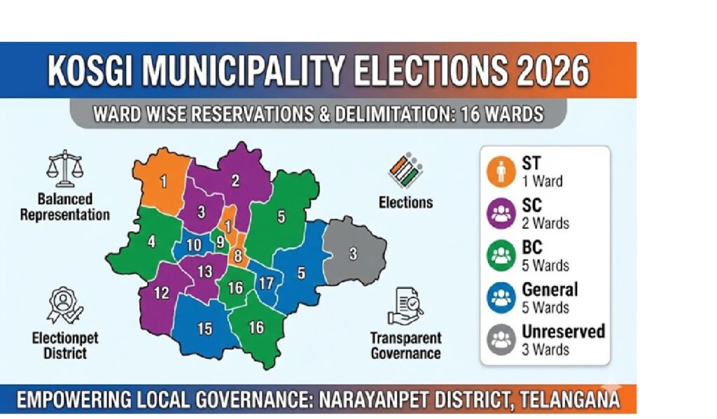 Detailed Breakdown of Kosgi's 16 Wards: Areas, House Numbers, and Voter Strengths Kosgi's 16 wards showcase the town's diverse neighborhoods, from agricultural pockets to bustling market areas. Each ward features specific block-wise house numbers, voter strengths, and named areas, as outlined in the 2019 delimitation table. This section details them to provide a clear map for residents and researchers. Ward 1 covers Pothireddy Pally Part 1, including BC Colony, OC Colony, and SC Colony. House numbers range from 1-1 to 1-191, 2-33 to 2-181, 3-1 to 3-84, 4-1 to 4-61, and 4-127 to 4-141. With 1,138 voters, this ward represents a mix of castes and occupations, centered around rural livelihoods. Ward 2 includes Gundla Pally, Pothireddy Pally Part 2 (with a school and Anganwadi Kendra), Maseed Area, BC Colony, and Gundlapally (253 voters). House ranges: 1-2 to 1-193, 2-1 to 2-45, 4-62 to 4-126. Voter strength stands at 1,137, highlighting educational facilities as key landmarks. Ward 3 encompasses Mal Reddy Pally and Thimmaipally, with houses from 1-1 to 1-100, 2-1 to 2-63, and 3-1 to 3-100. At 1,035 voters, it focuses on agricultural communities. Ward 4 spans Sampally, Kosgi Sub Station area, and Teachers Colony Part, including 1st Block Part Kosgi. Houses: 1-1 to 1-100. Voter count: 1,115. Ward 5 covers Masai Pally and Nagasam Pally, with ranges 1-1 to 1-100, 2-1 to 2-91, 3-1 to 3-99, 4-1 to 4-42. Voters: 1,132. Ward 6 includes Sai Nagar Colony, MPDO Office area, BC Colony (Sriram Colony and SC Colony), from 20 Block Part 2, 21-1 to 21-132, 22-01 to 22-110. Voter strength: 1,132.