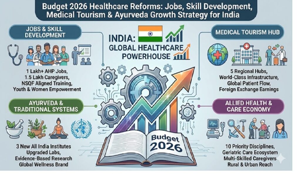 Introduction: Budget 2026 and the Strategic Reimagining of India’s Healthcare Economy India stands at a pivotal juncture where demographics, global demand for quality healthcare, and technological transformation intersect. Budget 2026, presented by Nirmala Sitharaman, signals a decisive shift toward building a future-ready healthcare ecosystem—one that generates large-scale employment, upgrades skills aligned with global standards, and positions India as a premier destination for medical value tourism. Rather than viewing healthcare merely as a welfare expense, the Union Budget frames it as a growth engine, capable of producing high-quality jobs, export revenues, and long-term social resilience. The announcements focus on allied health professionals (AHPs), geriatric and caregiver training, medical tourism hubs, and traditional systems of medicine such as Ayurveda and Yoga, integrating them into a modern, evidence-based, globally competitive framework. This comprehensive healthcare push aligns with India’s broader vision of becoming a skilled, healthy, and economically robust nation, while also responding to rising global demand for affordable, high-quality medical services. Budget 2026 Healthcare Vision: From Social Sector to Economic Powerhouse