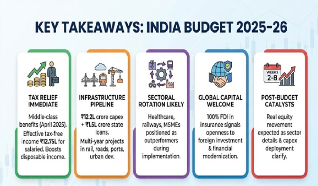 Indian Stock Markets Navigate Budget Volatility Amid Historic Policy Reforms for Growth and Investment Sensex and Nifty Show Cautious Optimism as Finance Minister Announces Transformative ₹12.2 Lakh Crore Capital Expenditure and Tax Relief Package Executive Summary On Sunday, February 1, 2026—only the second Sunday trading session in independent India's history—Finance Minister Nirmala Sitharaman presented Union Budget 2026-27 to mixed market reception. The Sensex briefly surged to 82,691.47, gaining 421 points (0.51%), while the broader Nifty demonstrated muted movement, reflecting analyst consensus that Budget Day typically functions as a "consolidation event" rather than a directional trigger. The real market impact is expected to unfold in subsequent trading sessions as investors digest sweeping reforms spanning taxation, infrastructure, healthcare, manufacturing, and financial sector liberalization. The Budget, framed around the GYAN vision (Garib, Youth, Annadata, Nari), commits ₹12.2 lakh crore to capital expenditure in FY26—a 15% projected increase—coupled with aggressive tax reform, significant relief for the middle class, and historic measures to position India as a global hub for medical tourism, high-speed rail connectivity, and manufacturing. Market Context: Budget Day Dynamics and Investor Sentiment Indian equity markets entered Budget 2026 on fragile footing. The Nifty declined 2% in January and approximately 1.5% in the fortnight preceding the Budget presentation, reflecting persistent selling pressure across metals, financials, and IT sectors. Geopolitical tensions, rupee depreciation (slipping near the 92 mark against the dollar), and global liquidity concerns constrained investor appetite. Historically, Budget Day itself remains a non-event for equities. Over the past 15 years, the Nifty's average Budget Day move stands at a negligible 0.19%, while returns in the week following Budget presentations have been approximately seven times larger. Analysts uniformly characterize Budget 2026 as a "low-impact event" in the immediate term, with elevated volatility stemming primarily from uncertainty rather than fundamental conviction. Market Performance on Budget Day (February 1, 2026): Metric Value Change Sensex Day High 82,691.47 +421.69 pts (+0.51%) India VIX Elevated +4.5% Nifty Opening Sentiment Flat to Mixed Cautious positioning Trading Volume Mixed across sectors Selective buying in healthcare, railways The special Sunday trading session itself generated headline volatility, with the India VIX surging 4.5% as traders braced for policy announcements and hedged positioning ahead of the speech. ​ Transformative Tax Reforms: Relief for Middle-Class Taxpayers The most immediate impact on household finances comes from comprehensive income tax restructuring under the new Income Tax Act 2025 (effective April 1, 2026). The Finance Minister announced a simplified tax regime with substantially elevated exemption thresholds and enhanced rebates—measures designed to free up disposable income for the "rising middle class" and elevate consumer spending. New Income Tax Slabs for FY 2025-26 Effective from April 1, 2025, the revised structure eliminates taxation for lower earners and provides progressive relief: Income Bracket Tax Rate Effective Change Up to ₹4 lakh Nil (0%) Basic exemption increased from ₹3L ₹4–8 lakh 5% New progressive bracket ₹8–12 lakh 10% Gradually increasing rates ₹12–16 lakh 15% Supports middle-income earners ₹16–20 lakh 20% Equilibrium for professionals ₹20–24 lakh 25% Upper-middle income group Above ₹24 lakh 30% Maximum rate unchanged Section 87A Rebate Enhancement: The rebate has been doubled to ₹60,000 (from ₹25,000), ensuring individuals earning up to ₹12 lakh pay zero income tax. For salaried employees accounting for the ₹75,000 standard deduction, the effective tax-free income ceiling rises to ₹12.75 lakh—a significant jump that economists expect to stimulate consumer discretionary spending. Tax Benefits for Investors and Families: Relief for two self-occupied properties (expanded from single-property framework) Doubled tax deduction limit for senior citizens to ₹1 lakh TCS (Tax Collection at Source) removed on education remittances and education loans (up to ₹10 lakh from specified institutions) Annual TDS threshold on rent raised from ₹2.4 lakh to ₹6 lakh Filing deadline for income tax returns extended from 2 years to 4 years Higher TDS applied only in non-PAN cases (reducing compliance burden) Quantifiable Impact: Individuals earning between ₹12–16 lakh under the new regime now save approximately ₹38,400–₹57,600 annually compared to the previous slab structure, directly boosting disposable income available for consumption or investment. ​ Capital Expenditure and Infrastructure: A ₹12.2 Lakh Crore Growth Engine The cornerstone of Budget 2026 is a historic 15% increase in public capital expenditure, signaling sustained commitment to asset creation, productivity enhancement, and regional development. This shift toward infrastructure-led growth aims to offset global headwinds while positioning India as an investment destination and employment creator. ​ Capital Expenditure Allocation Framework Component Amount (₹ crore) Purpose Public Capex FY26 12,20,000 15% YoY growth; infrastructure, productive assets Interest-Free Loans to States (50-year) 1,50,000 Capital expenditure, reform incentives Urban Challenge Fund 1,00,000 Next-gen cities, water, sanitation Asset Monetization Plan (2025–30) 10,00,000 Plough back capital into new projects Maritime Development Fund 25,000 Long-term shipping industry financing Seven High-Speed Rail Corridors: Redefining Regional Connectivity The announcement of seven dedicated high-speed rail corridors represents a transformative shift toward "corridor-led capacity creation" and environmentally sustainable mobility. These routes are designed to slash travel times while reducing carbon emissions from long-distance transport: ​ Proposed High-Speed Corridors: Mumbai–Pune: Unlock economic synergies between financial and manufacturing hubs Pune–Hyderabad: Connect emerging tech and IT centers Hyderabad–Bengaluru: Integrate South Indian innovation ecosystems Bengaluru–Chennai: Link tier-1 tech and automotive clusters Delhi–Varanasi: Enhance spiritual tourism and cultural connectivity Varanasi–Siliguri: Bridge Eastern India's growth corridor (Seventh corridor details pending full disclosure) Market Implications: Railway-focused stocks (RVNL, IRCON, Jupiter Wagons, RailTel, IRFC, Titagarh Rail Systems) are positioned to benefit from massive contract opportunities, safety upgrades, and asset modernization initiatives. The Budget allocates dedicated capex for the Kavach automatic train protection system, procurement of 200 Vande Bharat trains and 100 Amrit Bharat trains, and 100% broad-gauge network electrification. ​ Waterway Development and Dedicated Freight Corridors Complementing rail expansion, the Budget introduces strategic logistics corridors: 20 National Waterways to be operationalized over five years, beginning with National Waterways 5 in Odisha (connecting mineral-rich Talcher and Angul to ports of Paradip and Dhamra) ​ Dedicated Freight Corridor: Dankuni (East) to Surat (West), designed to improve industrial logistics and reduce road congestion ​ Ship Repair Ecosystems: Establishment at Varanasi and Patna to support inland waterway operations ​ Medical Tourism and Healthcare: India as a Global Wellness Destination The Budget marks a pivotal shift toward positioning India as a world-class medical tourism hub, combining modern diagnostics with traditional AYUSH systems to attract international patients and generate foreign exchange. ​ Five Regional Medical Tourism Hubs In partnership with the private sector, the government will establish five integrated regional medical hubs featuring: Modern hospital infrastructure with cutting-edge diagnostic facilities AYUSH centres offering traditional Indian medical systems (Ayurveda, Yoga, Naturopathy, Unani, Siddha, Homoeopathy) Medical-valued tourism facilitation centres with streamlined visa and travel processes Post-care and rehabilitation services for extended recovery Research and education facilities combining clinical practice with knowledge generation Market Impact: Healthcare sector stocks rallied immediately. Max Healthcare Institute shares jumped 4%, Narayana Hrudayalaya gained 3%, and Apollo Hospitals rose 1.5%, as investors recognized the potential for increased foreign patient inflow, revenue diversification, and employment generation for doctors, nurses, allied health professionals, and technicians. ​ Expanded Medical Education and Accessibility 10,000 additional medical seats in FY26 (targeting 75,000 seats over 5 years) Day Care Cancer Centres in all district hospitals within 3 years (200 centers in FY26) ​ Three new Ayurvedic medical colleges announced to strengthen traditional medicine education and research ​ Customs duty exemption on 36 lifesaving drugs and 6 medicines at concessional 5% duty, directly reducing treatment costs for patients with cancer, rare diseases, and chronic conditions Jamnagar research centre dedicated to traditional medicine research, leveraging India's indigenous knowledge systems MSME Sector: Enhanced Credit Access and "Make in India" Acceleration Recognizing MSMEs as the "second engine" of growth, the Budget announces sweeping reforms to credit accessibility, entrepreneurship support, and industrial clustering—measures designed to scale small manufacturers into global competitors. Revised MSME Classification and Credit Framework Classification Limits Enhanced: Investment limit increased 2.5 times (details in Annexure D of Budget speech) Turnover limit raised 2 times (enhancing operational flexibility and access to larger contracts) Over 1 crore registered MSMEs currently employ 7.5 crore people and generate 36% of manufacturing output and 45% of exports ​ Credit Guarantee Cover Expansion: Sector Previous Limit New Limit Additional Credit Expected (5 years) Micro/Small Enterprises ₹5 crore ₹10 crore ₹1.5 lakh crore Startups ₹10 crore ₹20 crore + 100% coverage; reduced fee 1% for 27 priority sectors Exporter MSMEs Limited ₹20 crore term loans Enhanced guarantee cover New Credit Schemes: ₹5 lakh customized credit cards for micro enterprises registered on Udyam portal (10 lakh cards in year 1) ₹10,000 crore SME Growth Fund (new) to develop "champion SMEs" as part of scaling manufacturing competitiveness ​ ₹10,000 crore Fund of Funds (expanded scope, fresh contribution) for startup support, building on ₹91,000 crore in existing alternate investment fund commitments ​ ₹2,000 crore top-up to Self-Reliant India Fund supporting micro enterprises ​ Labour-Intensive Manufacturing and Sector-Specific Support Footwear & Leather Focus Product Scheme: Expected to facilitate employment for 22 lakh persons Generate turnover of ₹4 lakh crore and exports exceeding ₹1.1 lakh crore ​ Support for design capacity, component manufacturing, and machinery for non-leather and leather footwear Toy Manufacturing Hub: Implementation of scheme to make India a global toy hub Focus on cluster development, skills training, and sustainable, innovative manufacturing aligned with "Made in India" branding ​ Industrial Cluster Modernization: Revival of 200 legacy industrial clusters through modernization support ​ Enhanced coordination between industries and educational institutions for skill alignment Textile and Garment Manufacturing: Strategic Growth and Value Addition The textile sector, India's traditional strength and employment generator, receives targeted infrastructure and technology support. ​ Mega Textile Parks and Integrated Programme The Budget announces establishment of mega textile parks with explicit focus on technical textiles—a high-value segment including agro-textiles (crop protection), medical textiles (bandages, surgical materials), and geo-textiles (civil engineering applications). Integrated 5-Part Textile Programme: Brings multiple existing schemes under unified framework Improves coordination, reduces administrative duplication Targets value addition and export competitiveness Mission for Cotton Productivity: 5-year initiative to improve productivity and sustainability of cotton farming, support extra-long staple varieties, and ensure steady quality supply for domestic textile industry ​ Customs Duty Restructuring for Textile Manufacturing: Shuttle-less looms (rapier and air-jet types) fully exempted from Basic Customs Duty ​ Knitted fabrics: Revised duty structure to 20% or ₹115 per kg (whichever is higher), promoting domestic value addition ​ These measures position India to capture higher-margin textile manufacturing, reducing dependence on imports for technical textiles while generating employment across rural areas where cotton cultivation predominates. ​ Foreign Direct Investment Liberalization: Insurance Sector Opens to 100% FDI A landmark financial sector reform removes the ceiling on foreign ownership in Indian insurance companies, signaling confidence in market maturity and intent to attract global capital and expertise. FDI in Insurance: 74% → 100% Key Features: FDI limit increased from 74% to 100% for insurance companies Condition: Foreign investor must deploy entire premium collected in India (ensuring capital circulation within domestic economy) Current guardrails and conditionalities to be reviewed and simplified, reducing compliance friction ​ Amendments to underlying regulations (Sabka Bima Sabki Raksha Amendment of Insurance Laws Bill 2025) passed in Parliament in December 2025 ​ Expected Impact: Increased capital inflows into Indian insurance sector (estimated at $43 billion and growing) Technology transfer from global insurers and adoption of international best practices Product innovation and expanded distribution through digital channels Workforce expansion across underwriting, claims, actuarial, and technology roles Potential for insurance penetration to rise, reducing risk exposure on sovereign balance sheet Clarifications on Foreign Investors: Foreign Venture Capital Investors (FVCIs) explicitly included within permissible FDI definition Licensing simplifications for intermediaries (one-time licensing; suspension rather than cancellation for non-compliance) ​ Stock Market Sectors: Differential Performance and Investment Themes Budget Day reactions revealed stark sectoral divergence, offering insight into market expectations for specific economic drivers: Winners and Gainers Healthcare and Hospitality: Hospital stocks rallied on medical hub and tourism announcements Max Healthcare (+4%), Narayana Hrudayalaya (+3%), Apollo Hospitals (+1.5%) ​ Medical tourism and AYUSH integration expected to drive international patient inflow and revenue diversification Railways: RVNL, IRCON, Jupiter Wagons, RailTel, IRFC, Titagarh Rail Systems positioned for massive contracts Seven high-speed corridors alone represent ₹2+ lakh crore execution pipeline ​ 200 Vande Bharat and 100 Amrit Bharat train orders provide medium-term revenue visibility Financial Services: Insurance sector benefited from 100% FDI liberalization Banking sector supported by TDS/TCS simplifications and credit guarantee enhancements for MSME lending Challenged Sectors Metals and Mining: Nifty Metal index fell 4.44% on Budget Day Global commodity price weakness and potential import substitution concerns (customs duty reductions on critical minerals) created headwinds ​ PSU Banks and IT: Mixed sentiment due to broader rupee weakness and global liquidity tightening Limited sector-specific positive catalysts in Budget announcements Fiscal Framework: Consolidation and Debt Sustainability While growth measures dominate headlines, the Budget maintains disciplined fiscal management consistent with India's medium-term consolidation roadmap. Metric FY25 (RE) FY26 (BE) Trajectory Fiscal Deficit (% of GDP) 4.8% 4.4% Declining path Total Expenditure ₹47.16 L cr ₹50.65 L cr Measured growth Capital Expenditure ₹10.18 L cr Part of above 15% growth Net Market Borrowings — ₹11.54 L cr Financed from capital markets Total Receipts (ex. borrowing) ₹31.47 L cr ₹34.96 L cr Revenue growth from tax reforms Fiscal Consolidation Strategy: Declining central government debt as percentage of GDP (per 6-year FRBM roadmap) ​ Asset monetization (₹10 lakh crore over 2025–30) reinvested into productive capex Interest-free loans to states (₹1.5 lakh crore) offset by reform incentives, maintaining overall fiscal discipline Tax base expansion through widened MSME participation and improved compliance (new Income Tax Act 2025) Implications for Investors: Post-Budget Trading Strategy Medium-Term (Weeks 2–8): Analysts expect the real market movement to unfold once initial implementation details and sector-specific allocations become clear. Key monitoring points: Railway and Infrastructure Stocks: Track execution milestones for high-speed corridor projects and capex deployment Healthcare Sector: Watch for state-level partnerships on medical hubs and international patient inquiry trends MSME-Focused Indices: Monitor credit disbursement under enhanced guarantee schemes and industrial cluster activation Financial Services: Track insurance sector FDI inflows and policy simplifications Textile and Apparel Stocks: Assess capex deployment for mega parks and cotton productivity scheme outcomes Key Risk Factors: Global monetary tightening and potential capital outflows Rupee volatility persisting above 92 per dollar Geopolitical escalations affecting commodity and trade flows Project execution delays (historically common in Indian infrastructure initiatives) MSME credit absorption capacity during macroeconomic uncertainty Conclusion: A Comprehensive Pivot Toward Inclusive Growth and Manufacturing Excellence Union Budget 2026 represents a strategic inflection point, moving beyond cyclical stimulus toward structural economic rebalancing. The ₹12.2 lakh crore capital expenditure commitment, coupled with tax relief for 320+ million middle-class taxpayers, aims to reignite consumption-led growth while simultaneously building hard infrastructure—roads, rail, ports, healthcare, tourism—that catalyzes long-term productivity gains. Stock market sentiment on Budget Day (cautious, muted) reflects historical precedent and macroeconomic headwinds rather than policy skepticism. The real test arrives in weeks ahead, as sectors from healthcare to railways to MSMEs begin translating Budget announcements into commercial opportunities, project contracts, and earnings growth. For investors navigating volatile global conditions, Budget 2026 signals India's structural resilience and policy consistency—factors that historically have attracted patient capital seeking long-term exposure to a $3.8 trillion economy growing at 6%+ annually. Key Takeaways for News Publishers and Investors Tax Relief Immediate: Middle-class taxpayers benefit immediately (effective April 2025); effective tax-free income rises to ₹12.75 lakh for salaried employees, boosting disposable income Infrastructure Pipeline Visible: ₹12.2 lakh crore capex plus ₹1.5 lakh crore state loans create multi-year project visibility across rail, roads, ports, and urban development Sectoral Rotation Likely: Healthcare, railways, and MSMEs positioned as outperformers as Budget implementation unfolds Global Capital Welcome: 100% FDI in insurance signals India's openness to foreign investment and financial sector modernization Post-Budget Catalysts Ahead: Real equity market movement expected in weeks 2–8 as sector-specific details and capex deployment become clear Sources & References: Economic Times – Budget 2026 market dynamics, historical analysis Ministry of Finance official budget documents India Today Business, live market updates Economic analysis on budget impact and market volatility Official Budget 2025-26 Speech of Nirmala Sitharaman Moneycontrol – Healthcare sector reactions DSIJ – Railway sector announcements Economic Times – MSME growth fund announcements India TV News – Medical tourism and waterway development Textile sector announcements and strategic focus Capital expenditure roadmap [31-44] Tax, FDI, and market updates from January 31 – February 1, 2026 1/2 economictimes.com favicon indiatoday.in favicon 2 sources economictimes.com favicon e