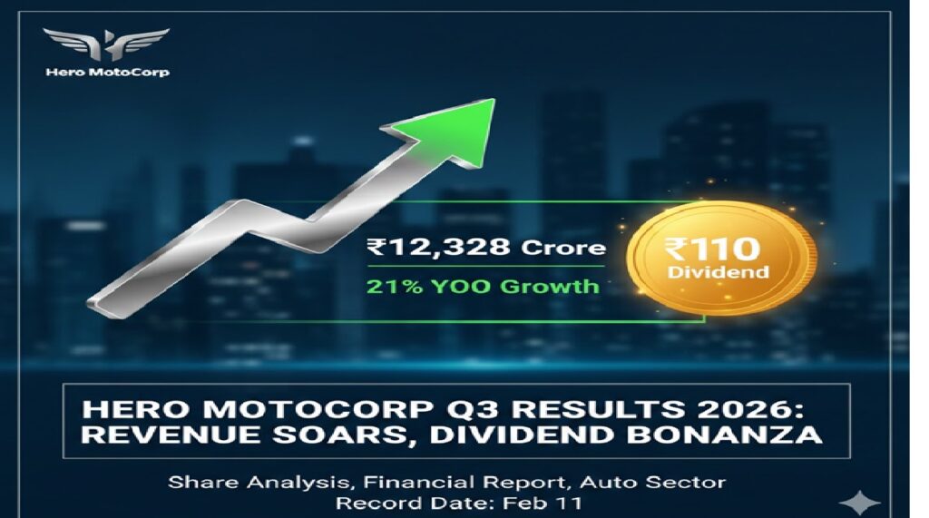 Hero MotoCorp Q3 Results 2026: Comprehensive Analysis of Revenue Growth, Dividend Payouts, and Strategic Market Performance The automotive landscape in India is witnessing a significant transformation, and at the forefront of this evolution is Hero MotoCorp. As the world’s largest manufacturer of motorcycles and scooters, its financial health serves as a primary barometer for the rural and semi-urban economy. The recently disclosed Hero MotoCorp Q3 Results 2026 provide a detailed roadmap of the company’s current standing, highlighting a robust trajectory in revenue and a commitment to shareholder value through substantial dividends. Exceptional Dividend Announcement: Rewarding Shareholder Loyalty One of the most striking highlights of the third-quarter announcement is the company’s decision to reward its investors. Hero MotoCorp has officially declared a dividend of ₹110 per equity share. This move underscores the company’s strong cash flow position and its management’s confidence in long-term stability. Investors should take note of the crucial dates: the Record Date for this dividend is set for February 11, 2026. This dividend payout is one of the more generous in the sector, reinforcing Hero MotoCorp's reputation as a wealth-creator for its long-term stakeholders. Revenue Performance: Outperforming Market Estimates Hero MotoCorp has demonstrated commendable resilience in its top-line growth. Analyzing the standalone numbers—which are the primary focus for the auto sector—reveals a healthy upward trend. Current Quarter Revenue: ₹12,328 Crore Previous Quarter (Q2): ₹12,126 Crore Year-on-Year (YoY) Comparison: Last year’s Q3 revenue stood at approximately ₹10,210 Crore.