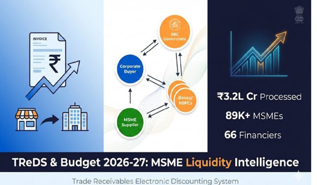 TReDS (Trade Receivables Electronic Discounting System) and Budget 2026-27: Comprehensive Financing Intelligence Report for Indian MSMEs Executive Summary The Trade Receivables Electronic Discounting System (TReDS) has emerged as a cornerstone policy framework for addressing India's persistent MSME liquidity crisis, with the Union Budget 2026-27 (presented February 1, 2026) maintaining strategic emphasis on working capital access rather than introducing granular TReDS-specific allocations. Understanding TReDS in the context of Budget 2026-27 is essential for financial journalists, MSME stakeholders, and platform operators, as the system bridges the critical funding gap affecting enterprises that contribute 30% to India's GDP and 45% to exports. This report synthesizes official government announcements, RBI policy guidance, and industry intelligence to provide you with actionable intelligence for financial reporting, content strategy, and stakeholder analysis. Part I: TReDS System Architecture & Policy Foundation What TReDS Is: Technical Overview