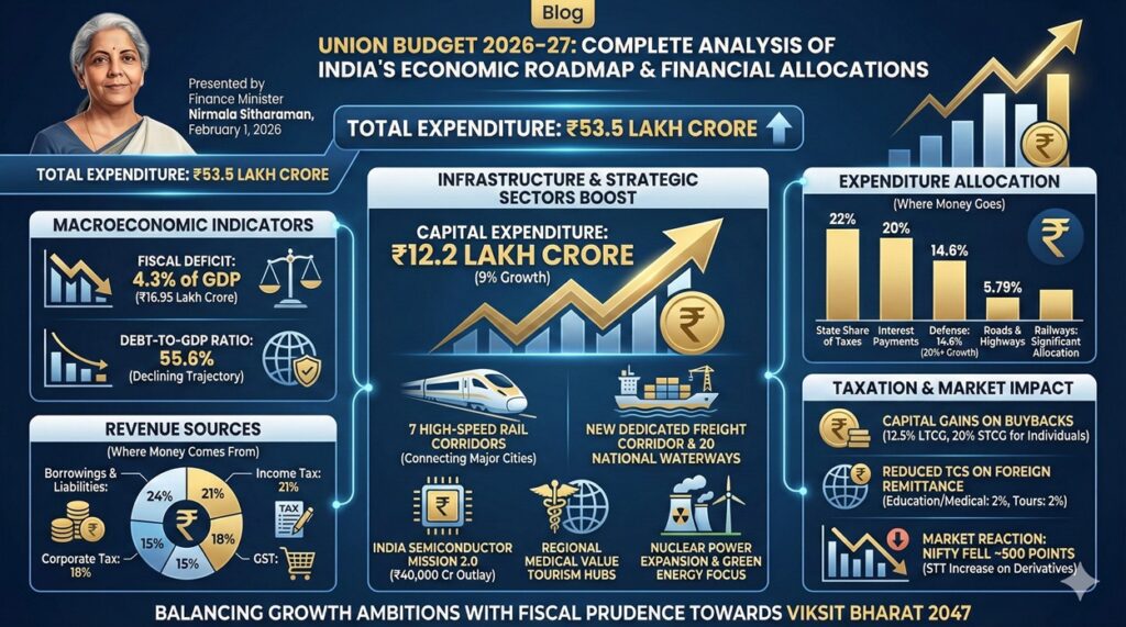 Union Budget 2026-27: Complete Analysis of India's Economic Roadmap and Financial Allocations India's Union Budget 2026-27, presented by Finance Minister Nirmala Sitharaman on February 1, 2026, marks a significant milestone in the nation's economic journey. With total expenditure pegged at ₹53.5 lakh crore and strategic allocations across infrastructure, manufacturing, and social sectors, this budget aims to accelerate India's growth trajectory while maintaining fiscal discipline. This comprehensive analysis breaks down every critical aspect of the budget and its impact on India's economy, markets, and citizens. Understanding India's Budget 2026-27: The Foundation of Economic Planning The Union Budget operates on the same principle as household finances but at a national scale. Just as families calculate expected income and expenses to determine savings or borrowing needs, the government estimates revenue and expenditure to chart the country's financial course. For 2026-27, India projects non-debt receipts of ₹36.5 lakh crore against total expenditure of ₹53.5 lakh crore, resulting in a fiscal deficit that requires careful management. Key Macroeconomic Indicators: Fiscal Deficit and Debt Management