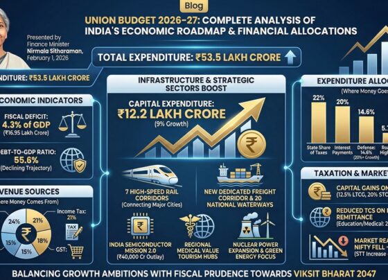 Union Budget 2026-27: Complete Analysis of India's Economic Roadmap and Financial Allocations India's Union Budget 2026-27, presented by Finance Minister Nirmala Sitharaman on February 1, 2026, marks a significant milestone in the nation's economic journey. With total expenditure pegged at ₹53.5 lakh crore and strategic allocations across infrastructure, manufacturing, and social sectors, this budget aims to accelerate India's growth trajectory while maintaining fiscal discipline. This comprehensive analysis breaks down every critical aspect of the budget and its impact on India's economy, markets, and citizens. Understanding India's Budget 2026-27: The Foundation of Economic Planning The Union Budget operates on the same principle as household finances but at a national scale. Just as families calculate expected income and expenses to determine savings or borrowing needs, the government estimates revenue and expenditure to chart the country's financial course. For 2026-27, India projects non-debt receipts of ₹36.5 lakh crore against total expenditure of ₹53.5 lakh crore, resulting in a fiscal deficit that requires careful management. Key Macroeconomic Indicators: Fiscal Deficit and Debt Management