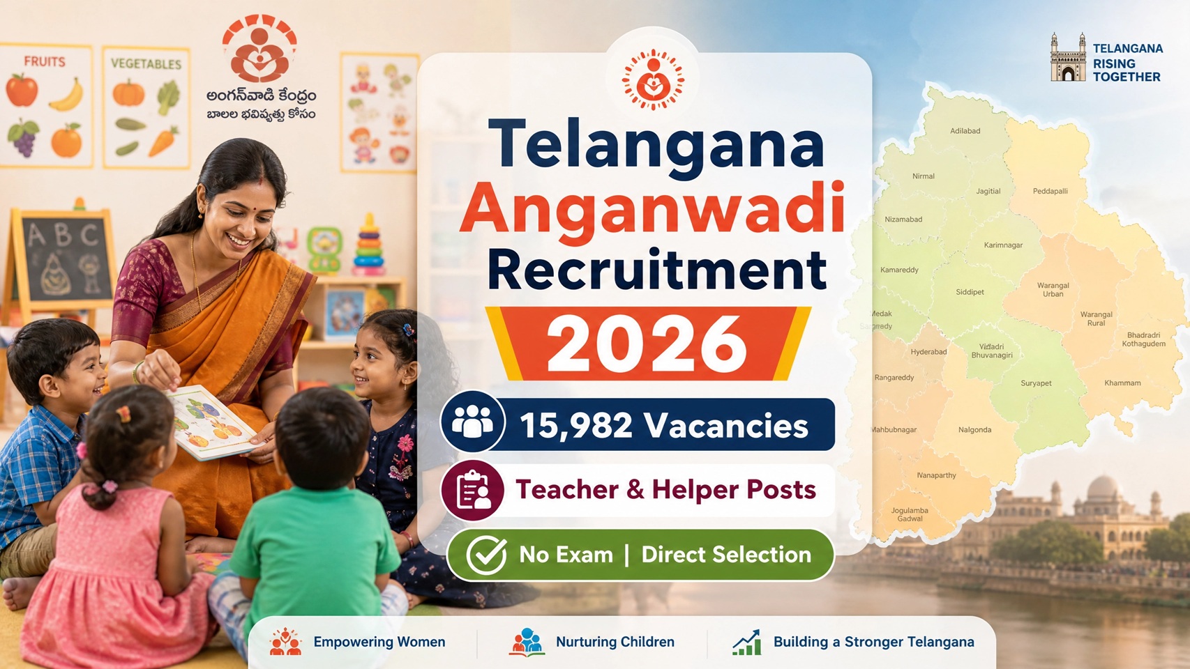 Telangana Anganwadi Recruitment 2026: 15,982 Teacher & Helper Vacancies Across All Districts
