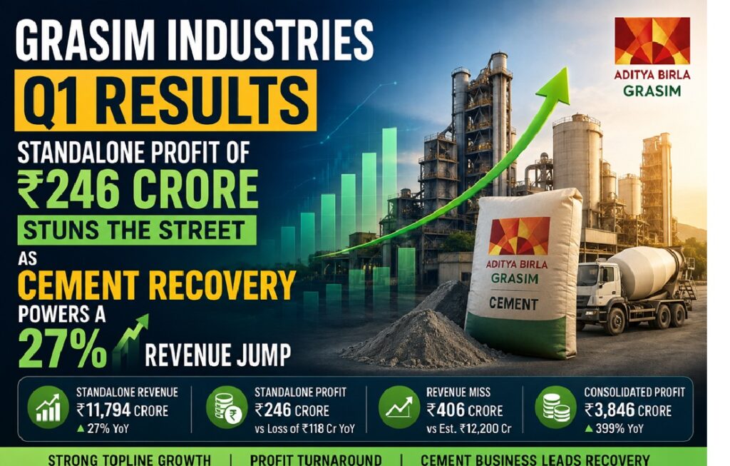 Grasim Industries Q1 Results: Standalone Profit of ₹246 Crore Stuns the Street as Cement Recovery Powers a 27% Revenue Jump Grasim Industries has finally put its Q1 numbers on the table, and the market got something it did not expect. Analysts had pencilled in another quarter of losses at the standalone level. Instead, the company delivered a profit. Revenue came in slightly below street estimates, but the profit line more than made up for it. Below, I break down every figure — standalone and consolidated, year-on-year and quarter-on-quarter — and explain what these results actually signal about the business. Quick Snapshot: What Grasim Reported This Quarter Before we go deep, here is the headline view of the quarter: Standalone revenue from operations: ₹11,794 crore, up roughly 27% year-on-year from ₹9,223 crore Sequential revenue: essentially flat versus ₹11,774 crore in the preceding quarter Street estimate for revenue: around ₹12,200 crore — so a modest miss Standalone net profit: ₹246 crore, versus a loss of ₹118 crore a year earlier and a loss of ₹163 crore in the previous quarter