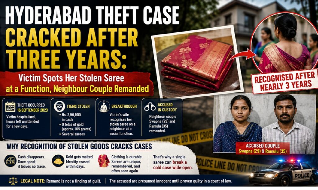 Hyderabad Theft Case Cracked After Three Years: Victim Spots Her Stolen Saree at a Function, Neighbour Couple Remanded A property theft that had stayed unsolved since September 2023 has reopened in Hyderabad's Bandlaguda Jagir area — not through forensic evidence, CCTV footage or a tip-off, but because a woman recognised her own saree draped on a guest at a social function. Police have taken a neighbouring couple into custody in connection with the case and shifted them to judicial remand. The breakthrough underlines something investigators across Telangana have long acknowledged: in household theft cases, stolen property surfacing in plain sight often achieves what months of investigation cannot. What Happened: The 2023 Bandlaguda Jagir House Theft Yadaya lives with his wife and children in the Vinayaka Nagar locality of Bandlaguda Jagir, on the outskirts of Hyderabad. On 16 September 2023, illness forced him into hospital. The family's routine broke, and the house stood without its usual occupancy pattern for the following days. He returned home on 19 September 2023 to a house that had been stripped. Missing from the premises were: Rs. 2,50,000 in cash 9 tolas of gold — roughly 105 grams by standard conversion Several sarees
