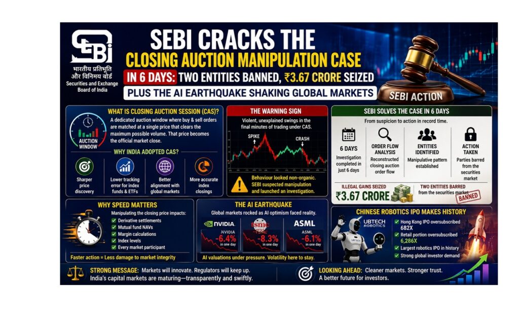 SEBI Cracks the Closing Auction Session Manipulation Case in 6 Days: Two Entities Banned, ₹3.67 Crore Seized — Plus the AI Earthquake Shaking Global Markets The Indian market threw up one of its most consequential regulatory stories in months, and it landed alongside a global technology sell-off that wiped billions off Asian chip giants. If you traded, invested, or simply watched the screens today, three storylines deserved your full attention: SEBI's lightning-fast crackdown on closing price manipulation, the fresh tremor running through every AI-linked stock on the planet, and a Chinese robotics IPO that broke records so decisively it forced the whole world to look. Let's break all of it down properly. What Is the Closing Auction Session (CAS), and Why Did India Adopt It?