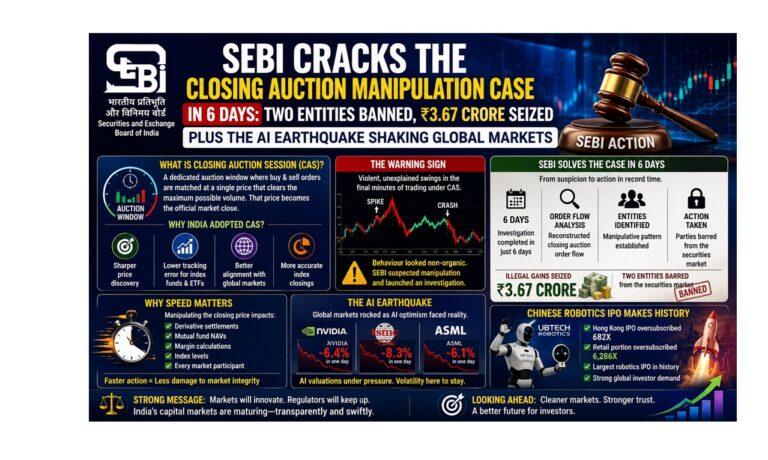 SEBI Cracks the Closing Auction Session Manipulation Case in 6 Days: Two Entities Banned, ₹3.67 Crore Seized — Plus the AI Earthquake Shaking Global Markets The Indian market threw up one of its most consequential regulatory stories in months, and it landed alongside a global technology sell-off that wiped billions off Asian chip giants. If you traded, invested, or simply watched the screens today, three storylines deserved your full attention: SEBI's lightning-fast crackdown on closing price manipulation, the fresh tremor running through every AI-linked stock on the planet, and a Chinese robotics IPO that broke records so decisively it forced the whole world to look. Let's break all of it down properly. What Is the Closing Auction Session (CAS), and Why Did India Adopt It?