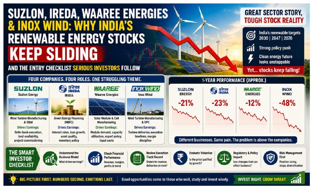 Suzlon, IREDA, Waaree Energies & Inox Wind: Why India's Renewable Energy Stocks Keep Sliding — And the Entry Checklist Serious Investors Follow India's renewable energy story sounds unstoppable on paper. The country has published capacity targets stretching from 2030 to 2047 and all the way out to 2070. Policymakers repeat them in every energy summit. Analysts build decade-long models around them. Yet anyone holding Suzlon Energy, IREDA, Waaree Energies or Inox Wind over the last twelve months has watched something entirely different play out on their screen — a long, grinding correction that refuses to end. That gap between a brilliant sector narrative and a bleeding portfolio is exactly what this article unpacks.