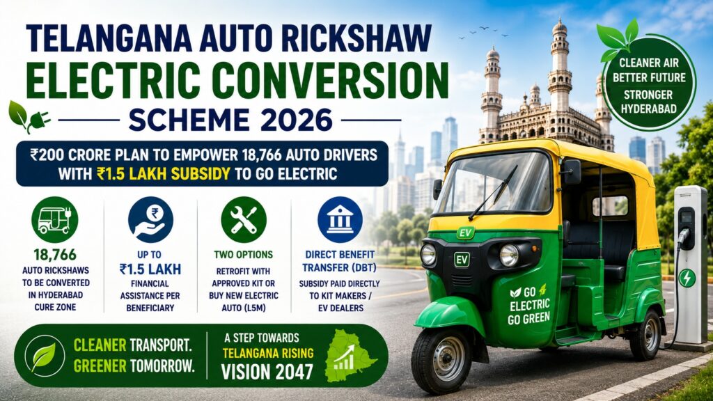 Telangana Auto Rickshaw Electric Conversion Scheme 2026: ₹200 Crore Plan Gives 18,766 Hyderabad Auto Drivers a ₹1.5 Lakh Subsidy to Go Electric Telangana has cleared one of the most ambitious three-wheeler electrification programmes any Indian state has attempted so far. The government has approved the Telangana Auto Rickshaw Electric Conversion Scheme 2026, backing it with ₹200 crore and offering every eligible auto owner financial assistance of up to ₹1.5 lakh to move away from petrol and diesel. The Transport, Roads and Buildings (R&B) Department issued the order, and the Transport Department will run the scheme on the ground. The target is specific rather than vague. The state has identified 18,766 permitted auto rickshaws operating inside Hyderabad's Core Urban Region Economy (CURE) area and plans to convert every one of them to electric propulsion in phases. Of these, 11,254 run on diesel and 7,512 run on petrol. This article breaks down exactly how the scheme works, who qualifies, how the two subsidy routes differ, how the money reaches beneficiaries, what the rollout calendar looks like, and what the switch actually means for a driver's daily earnings.
