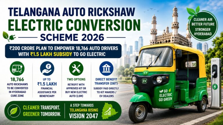 Telangana Auto Rickshaw Electric Conversion Scheme 2026: ₹200 Crore Plan Gives 18,766 Hyderabad Auto Drivers a ₹1.5 Lakh Subsidy to Go Electric Telangana has cleared one of the most ambitious three-wheeler electrification programmes any Indian state has attempted so far. The government has approved the Telangana Auto Rickshaw Electric Conversion Scheme 2026, backing it with ₹200 crore and offering every eligible auto owner financial assistance of up to ₹1.5 lakh to move away from petrol and diesel. The Transport, Roads and Buildings (R&B) Department issued the order, and the Transport Department will run the scheme on the ground. The target is specific rather than vague. The state has identified 18,766 permitted auto rickshaws operating inside Hyderabad's Core Urban Region Economy (CURE) area and plans to convert every one of them to electric propulsion in phases. Of these, 11,254 run on diesel and 7,512 run on petrol. This article breaks down exactly how the scheme works, who qualifies, how the two subsidy routes differ, how the money reaches beneficiaries, what the rollout calendar looks like, and what the switch actually means for a driver's daily earnings.